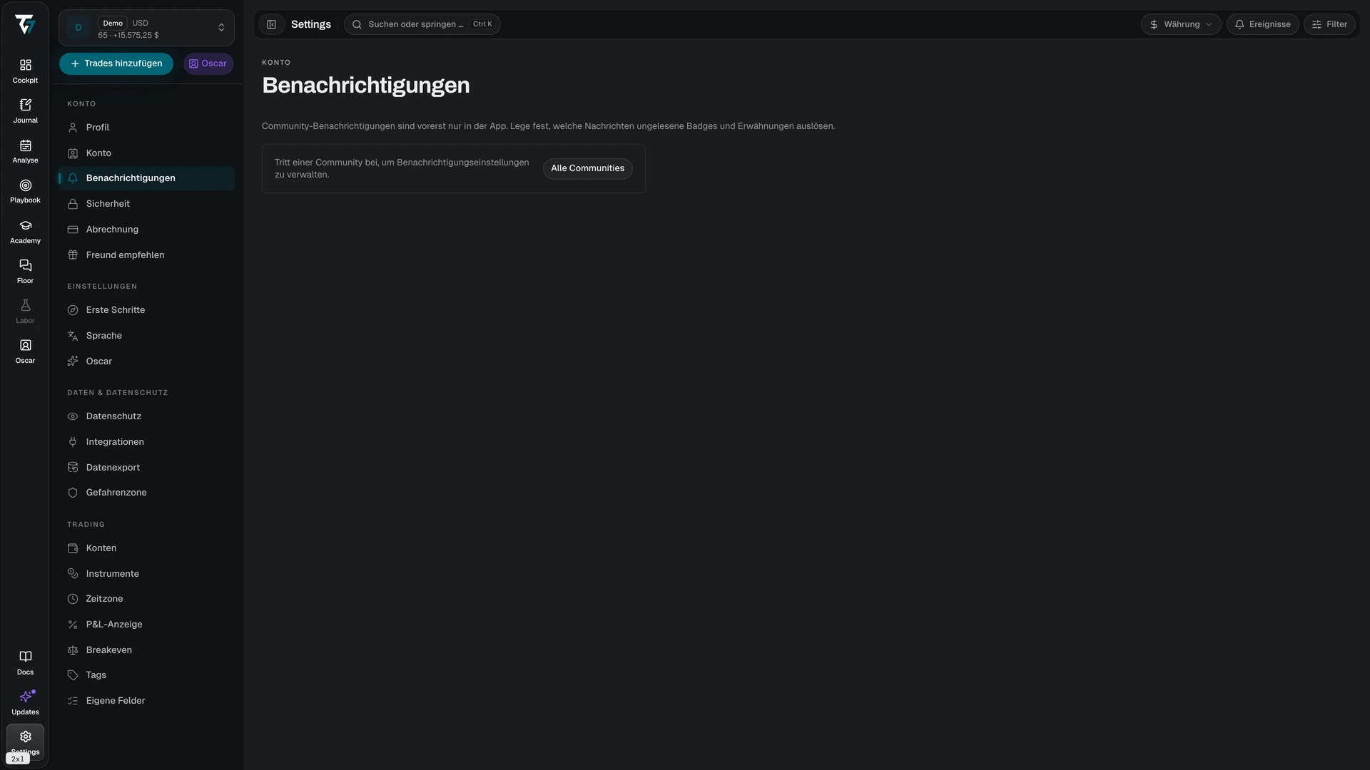 Notification settings listing each community with its notification level