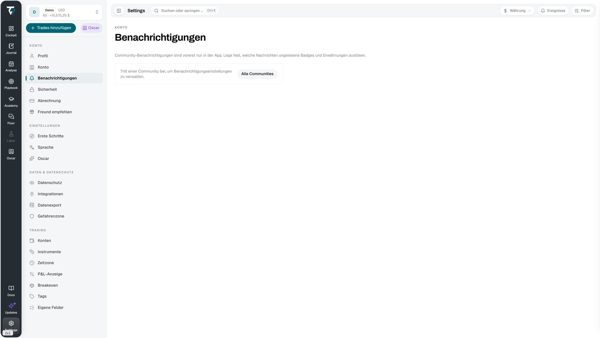 Notification settings listing each community with its notification level