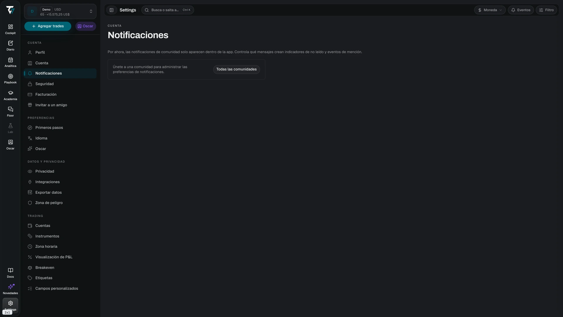 Notification settings listing each community with its notification level