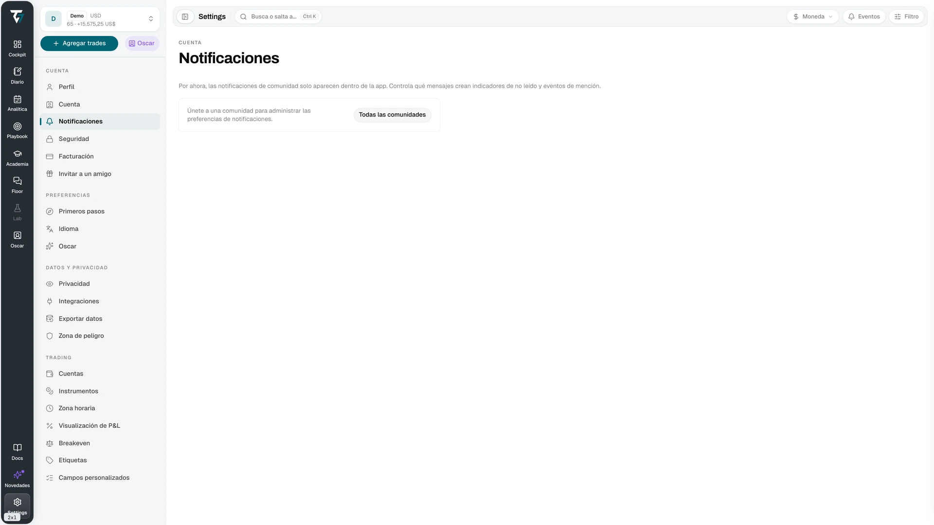 Notification settings listing each community with its notification level