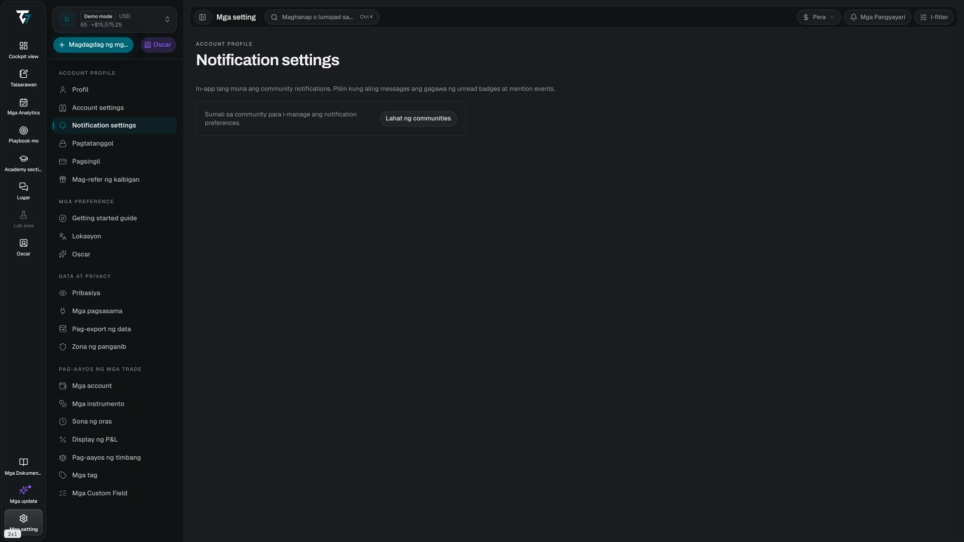 Notification settings listing each community with its notification level