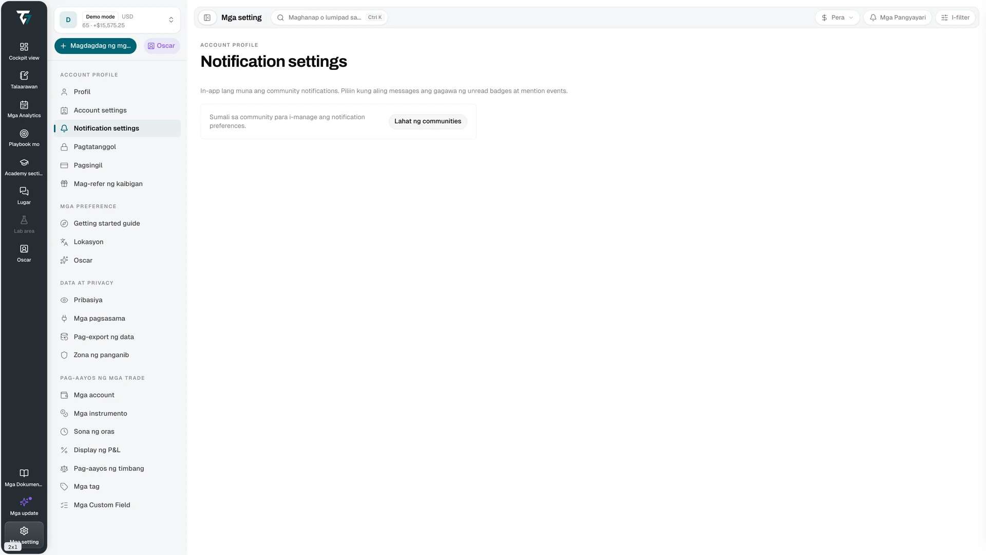 Notification settings listing each community with its notification level