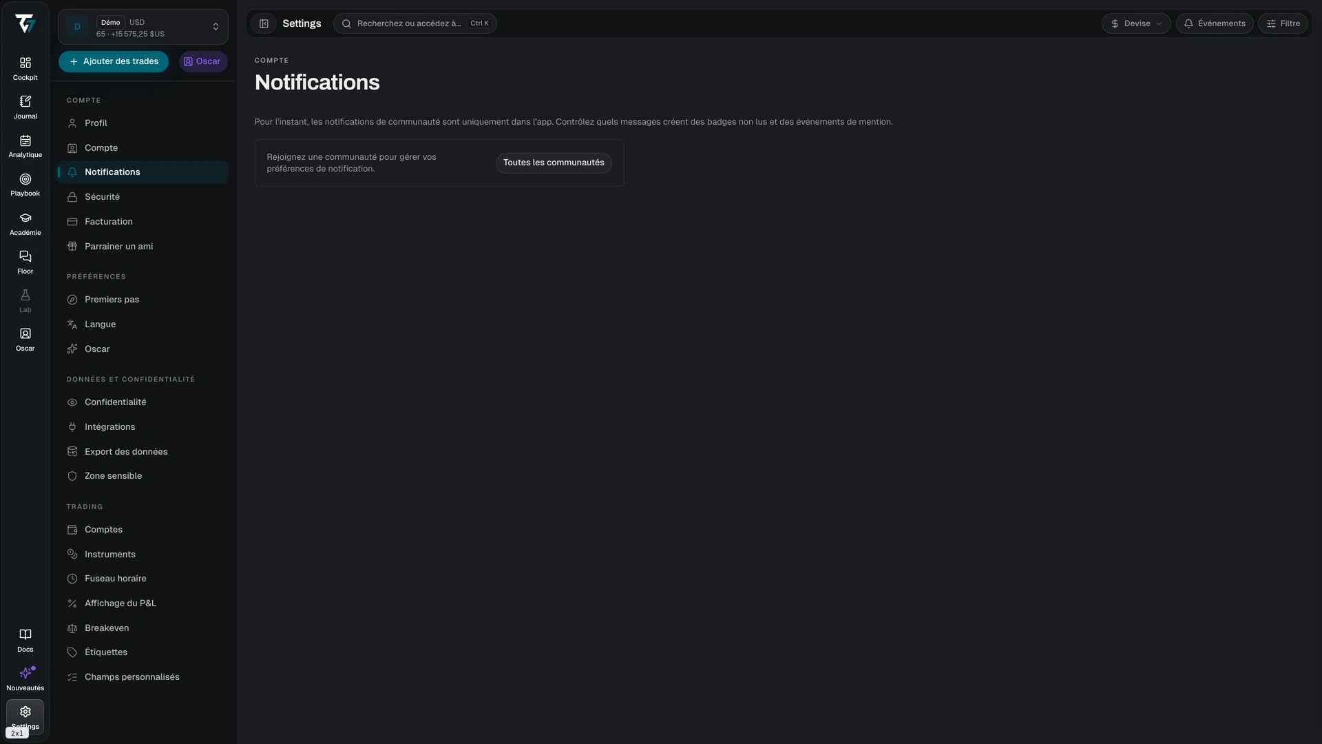 Notification settings listing each community with its notification level