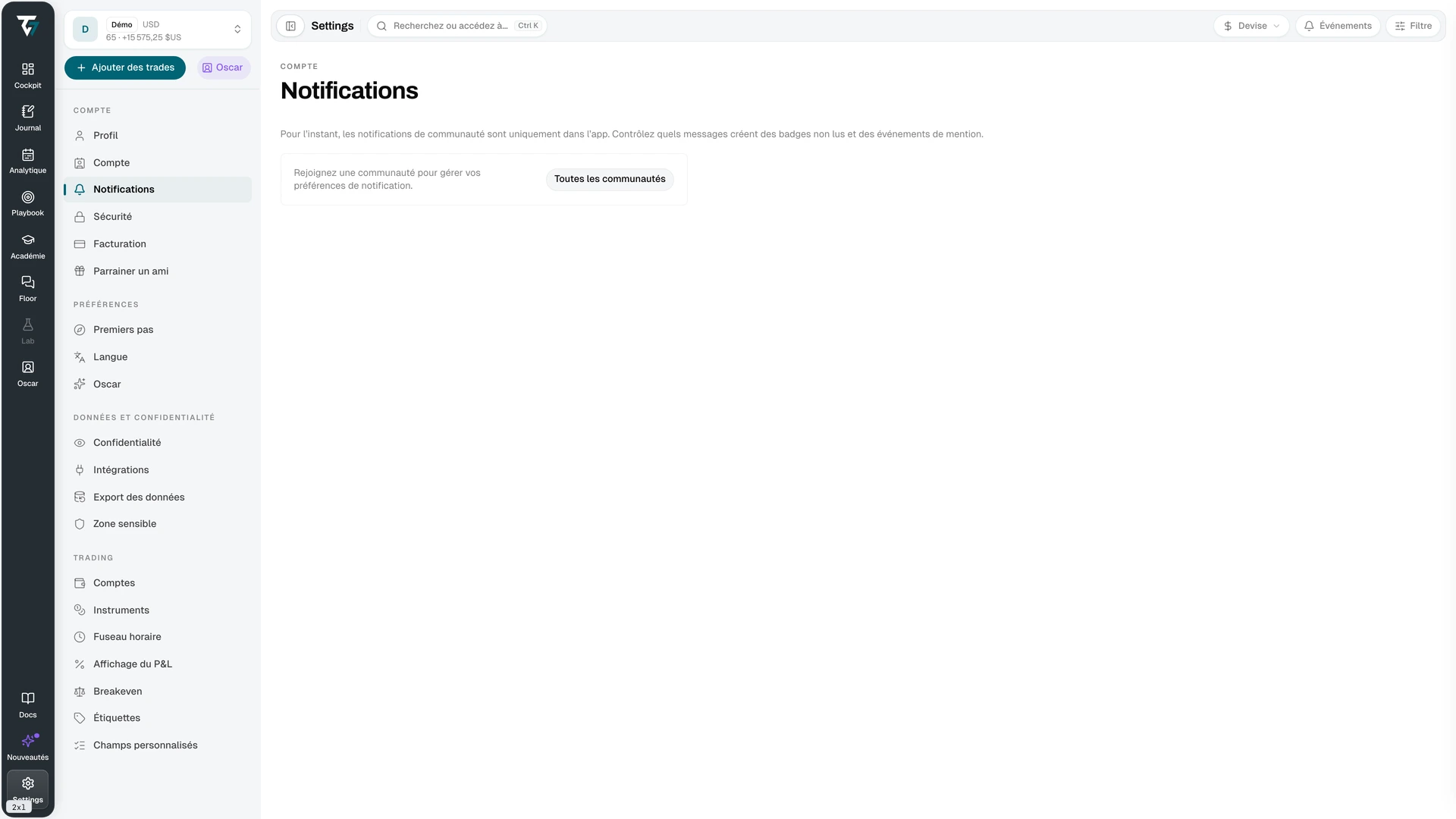 Notification settings listing each community with its notification level