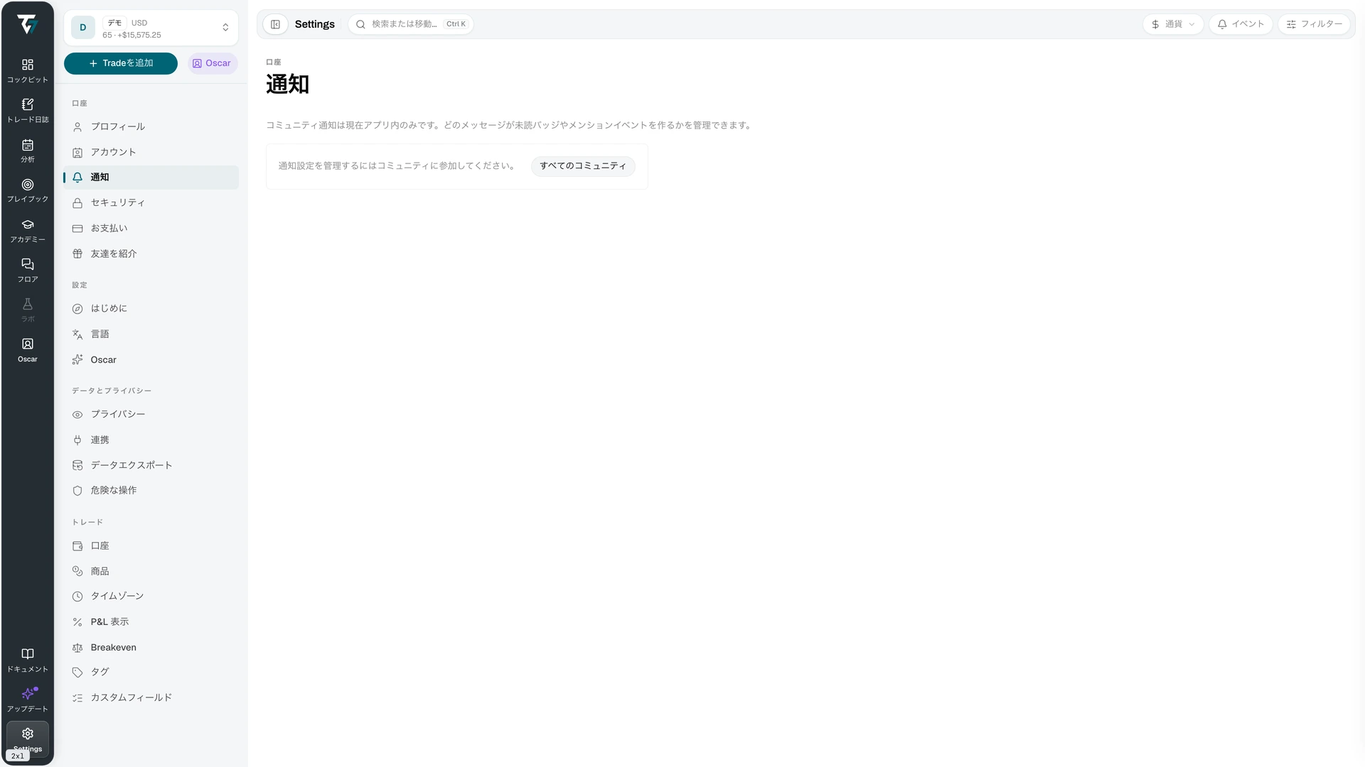 Notification settings listing each community with its notification level