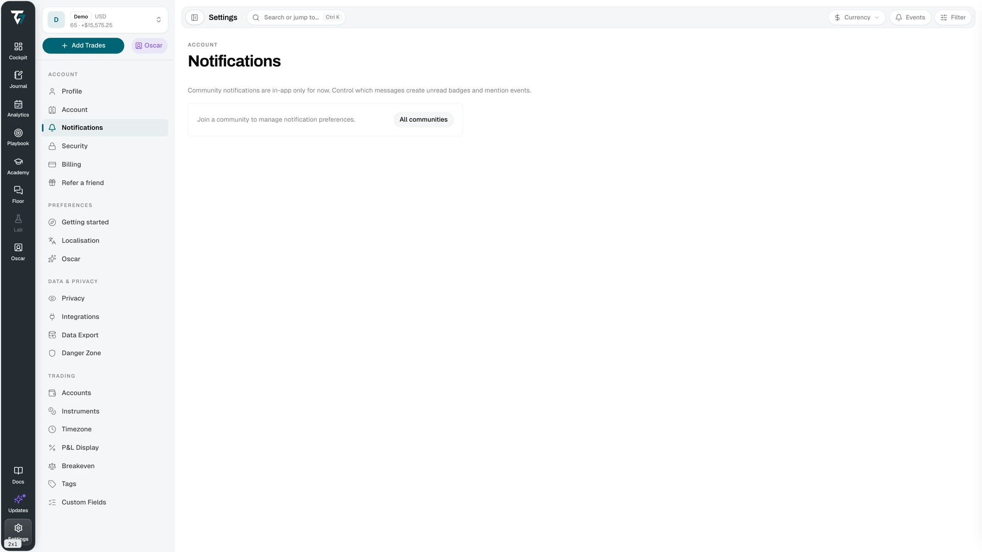 Notification settings listing each community with its notification level