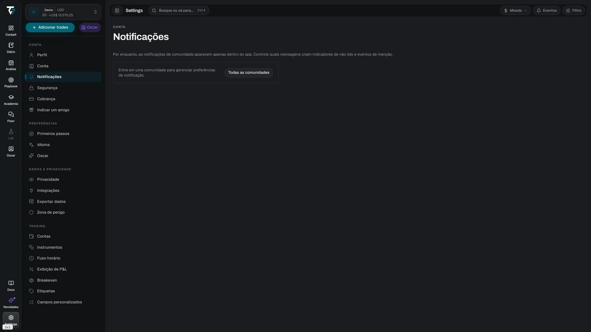 Notification settings listing each community with its notification level