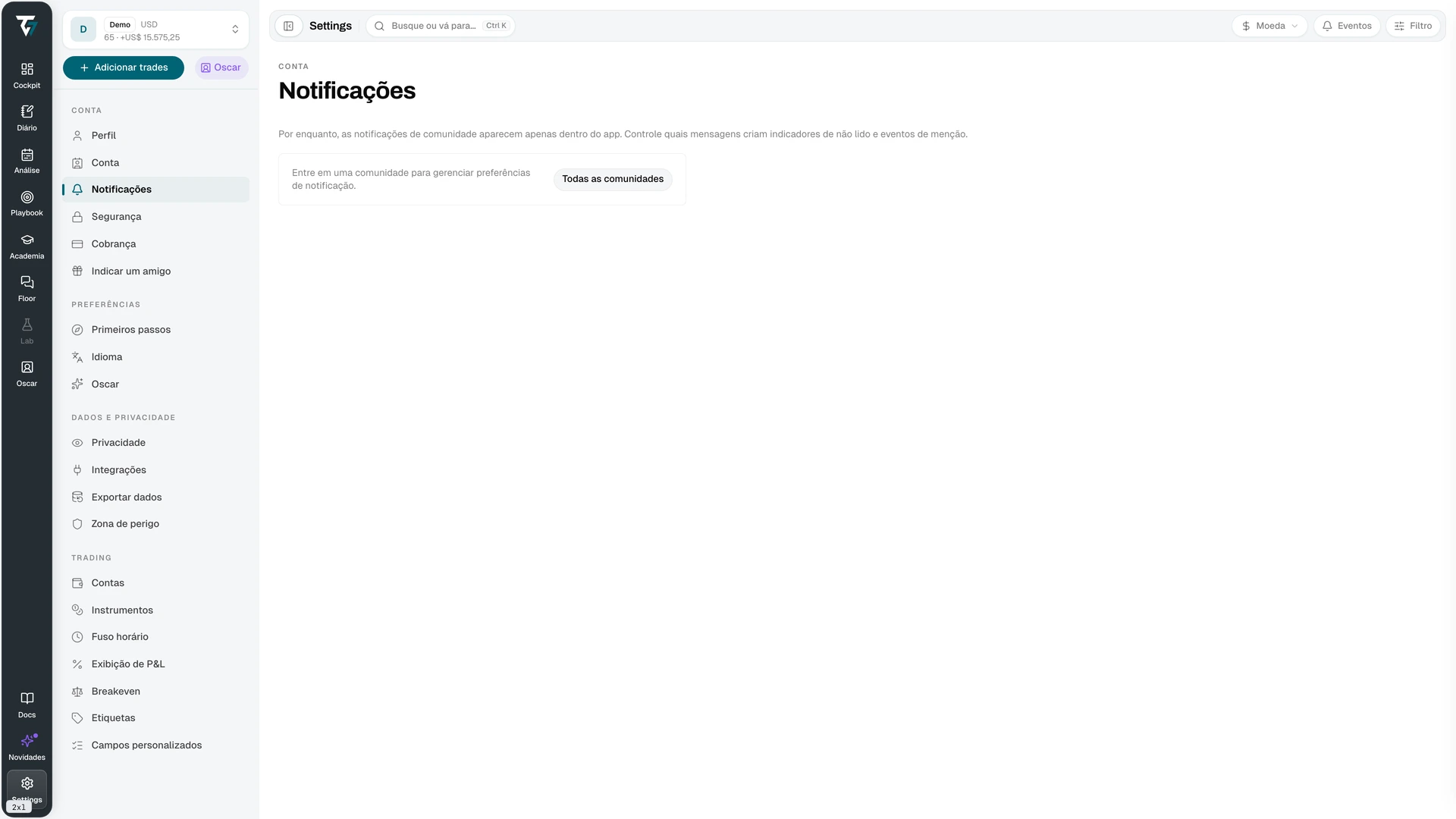 Notification settings listing each community with its notification level