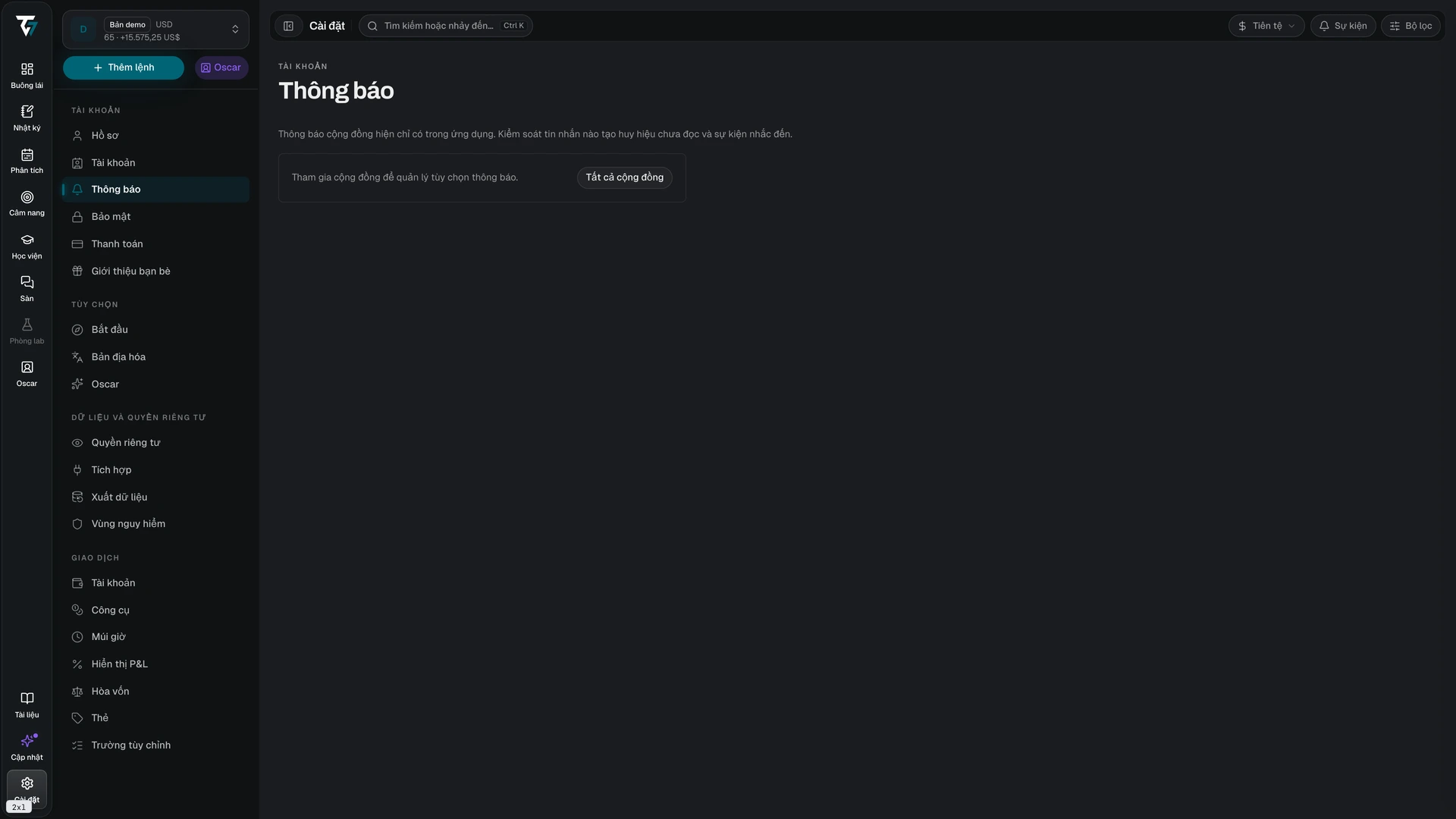 Notification settings listing each community with its notification level