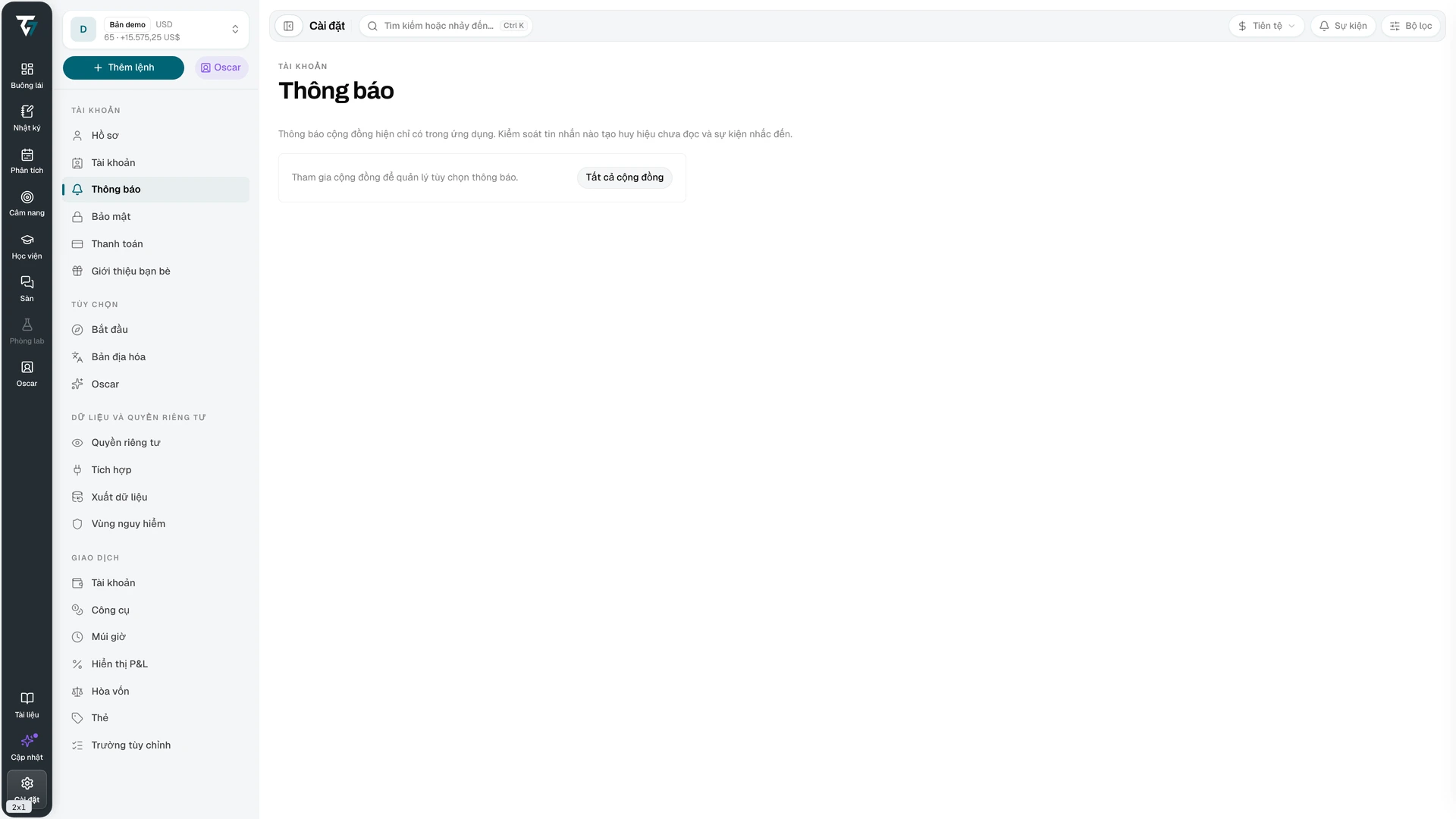 Notification settings listing each community with its notification level