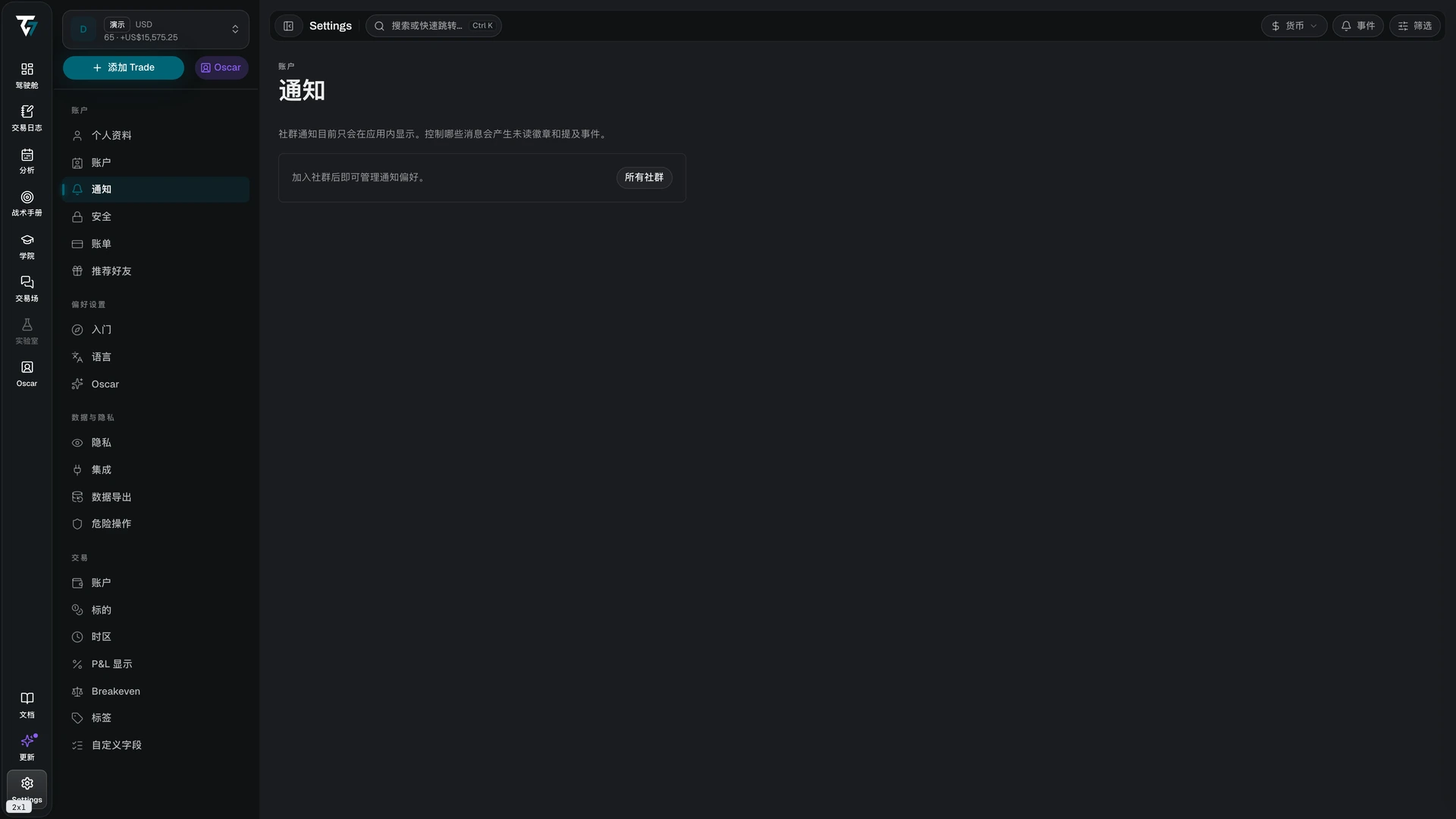 Notification settings listing each community with its notification level