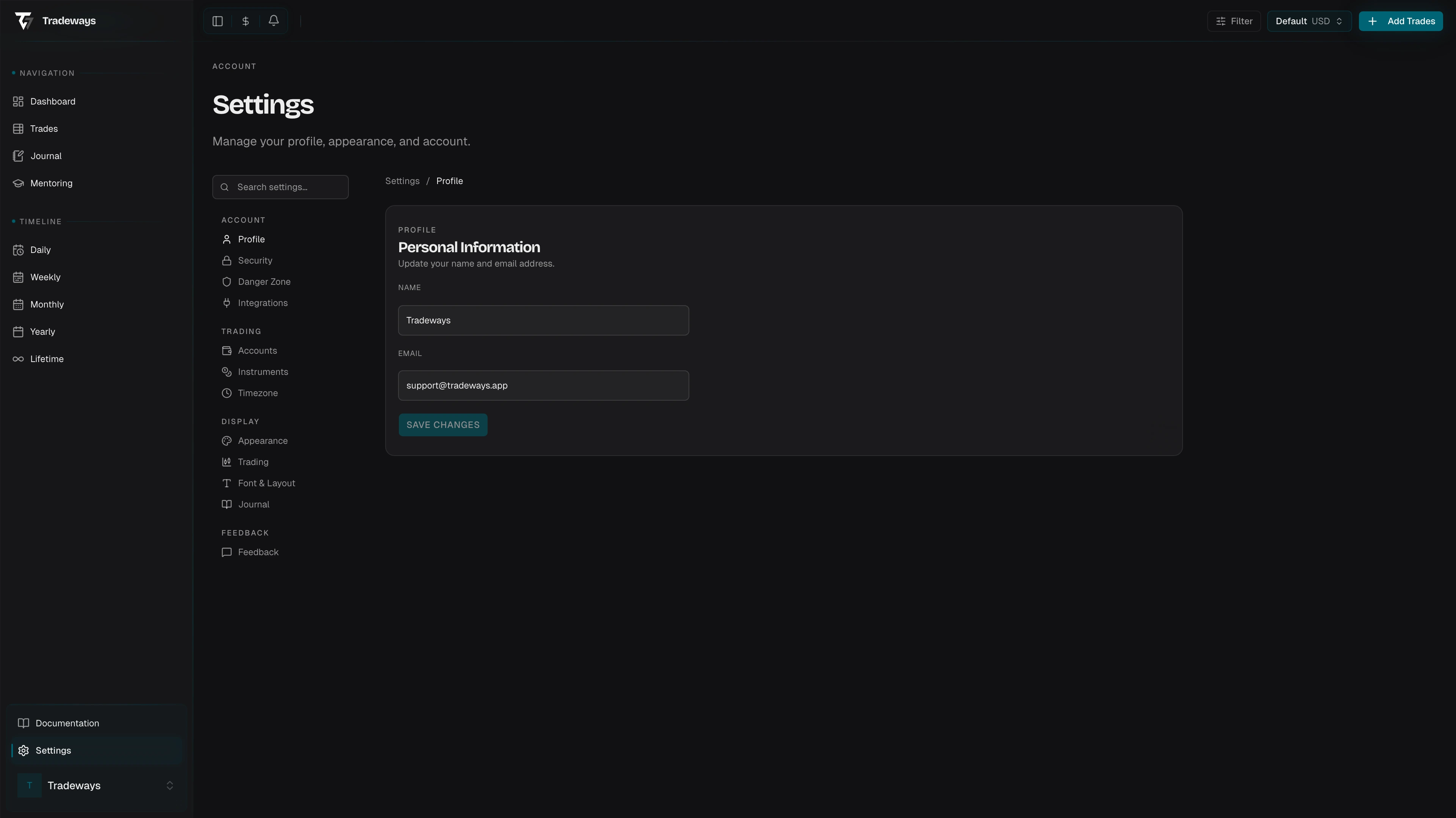 Settings overview page with navigation sidebar