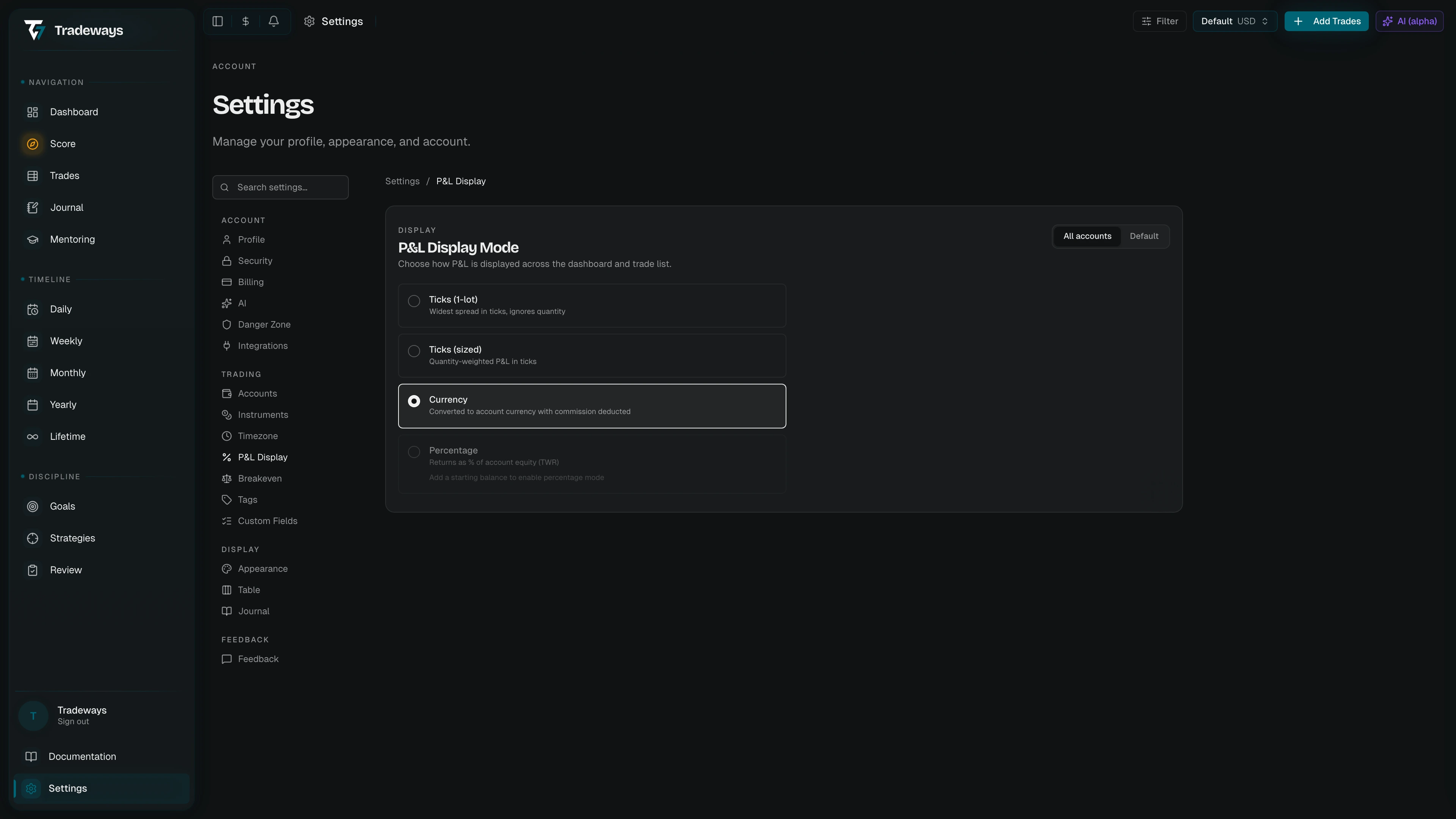 P&L display settings with four mode options and the scope toggle