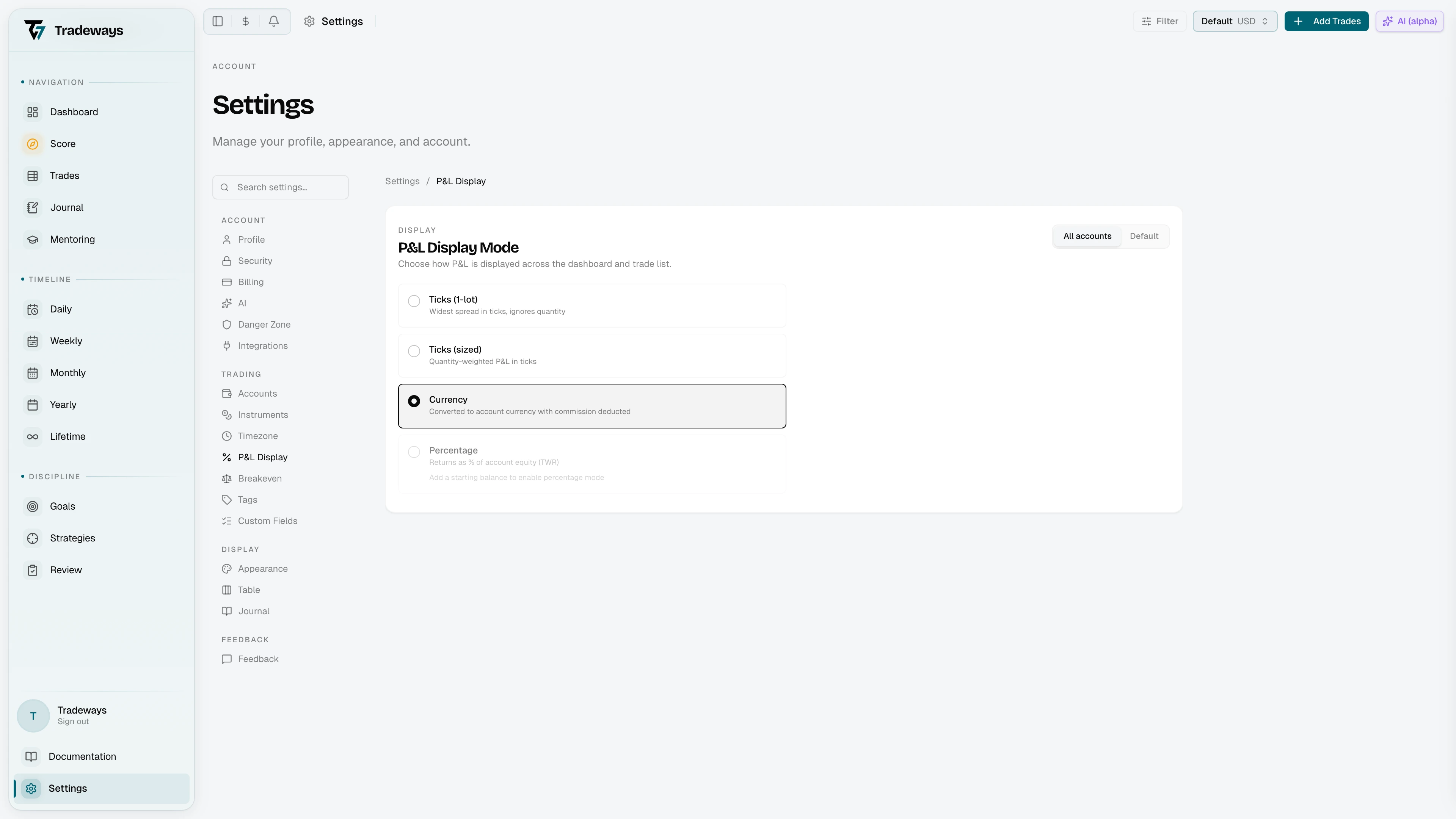 P&L display settings with four mode options and the scope toggle