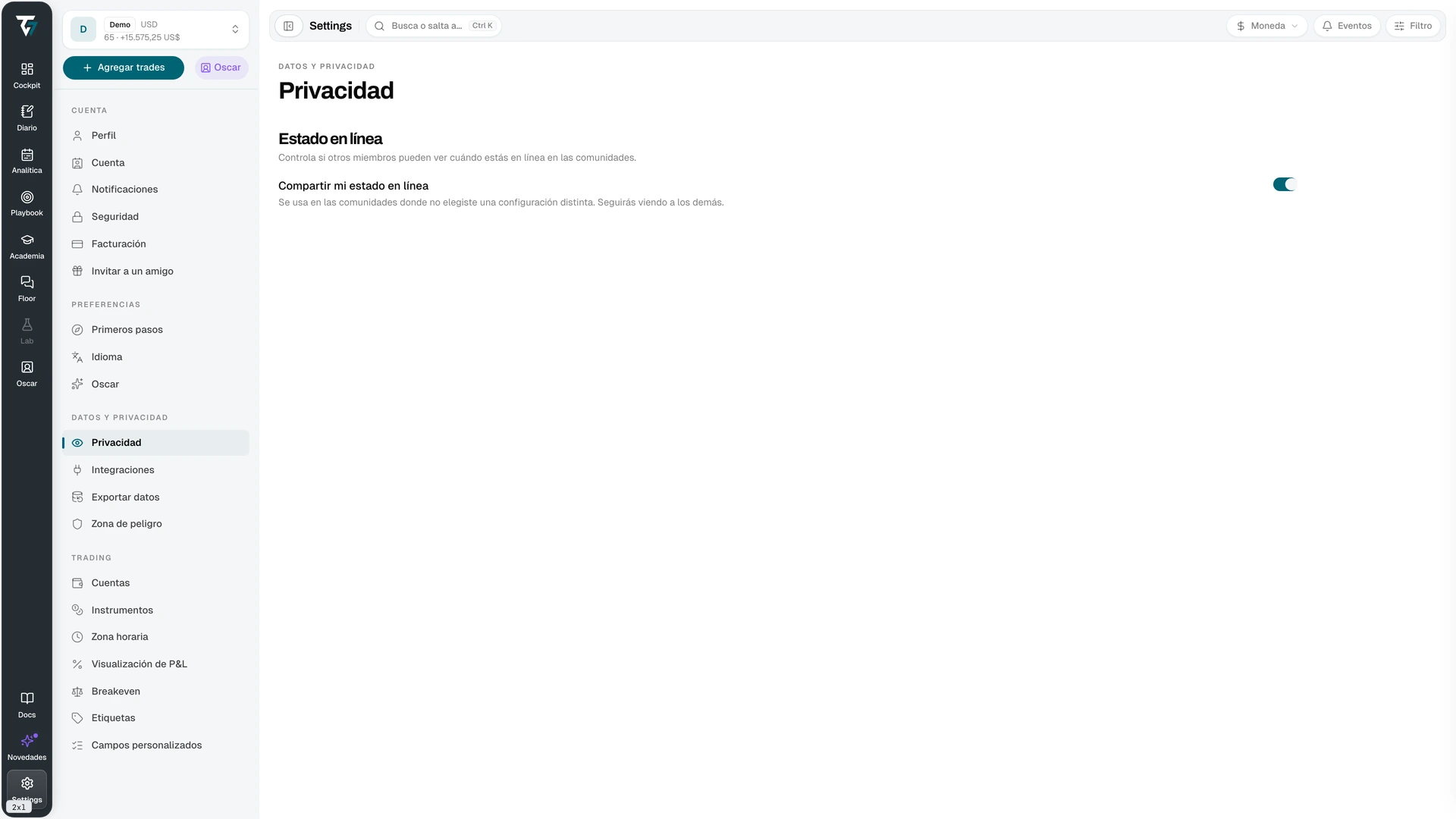 Privacy settings with the share online status toggle