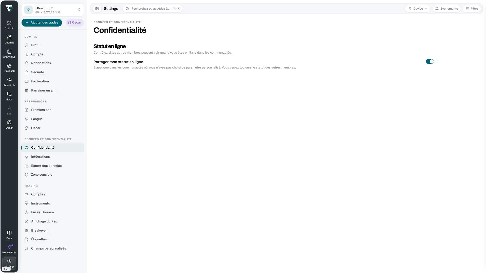 Privacy settings with the share online status toggle