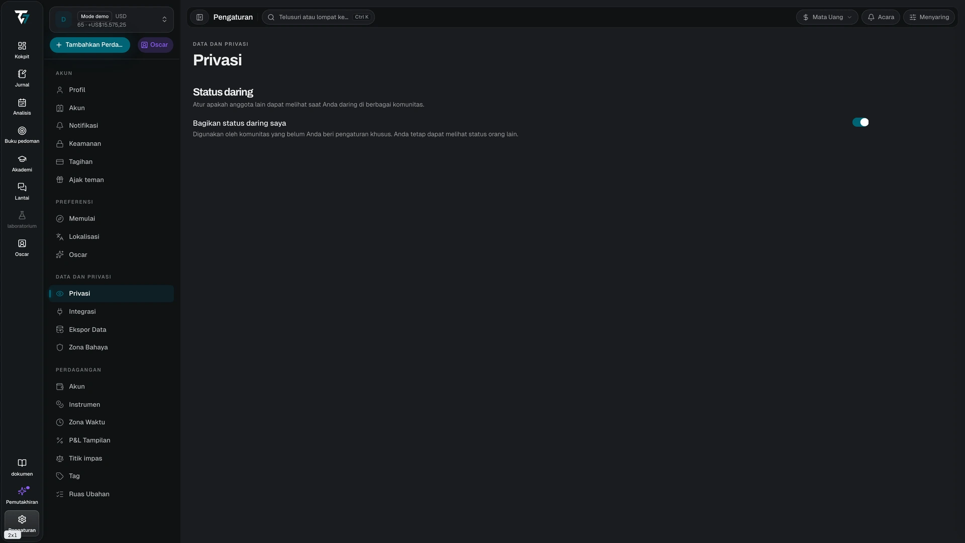 Privacy settings with the share online status toggle