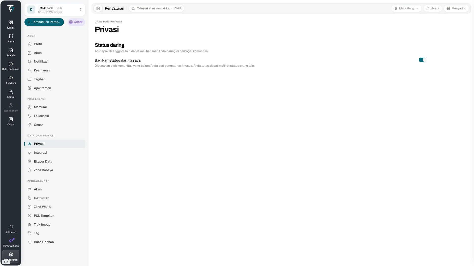 Privacy settings with the share online status toggle