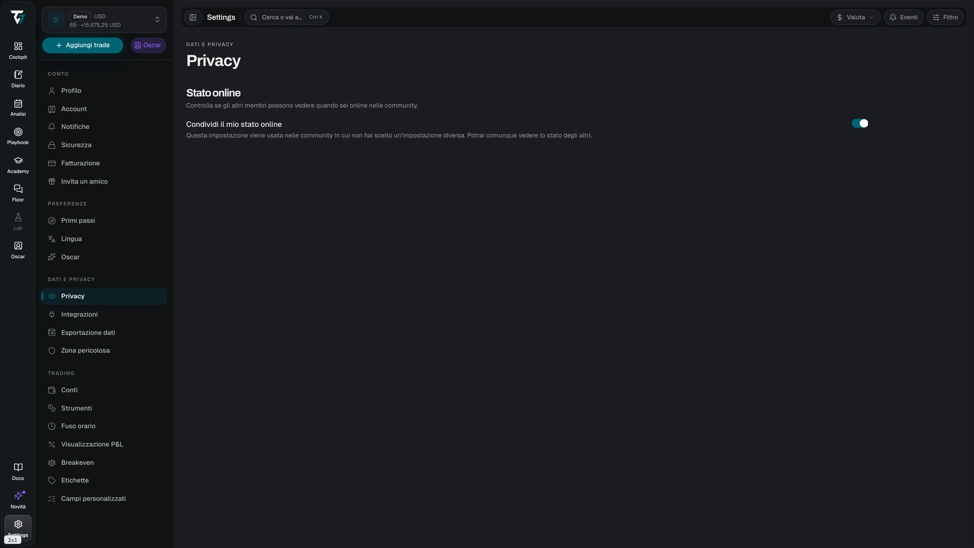 Privacy settings with the share online status toggle