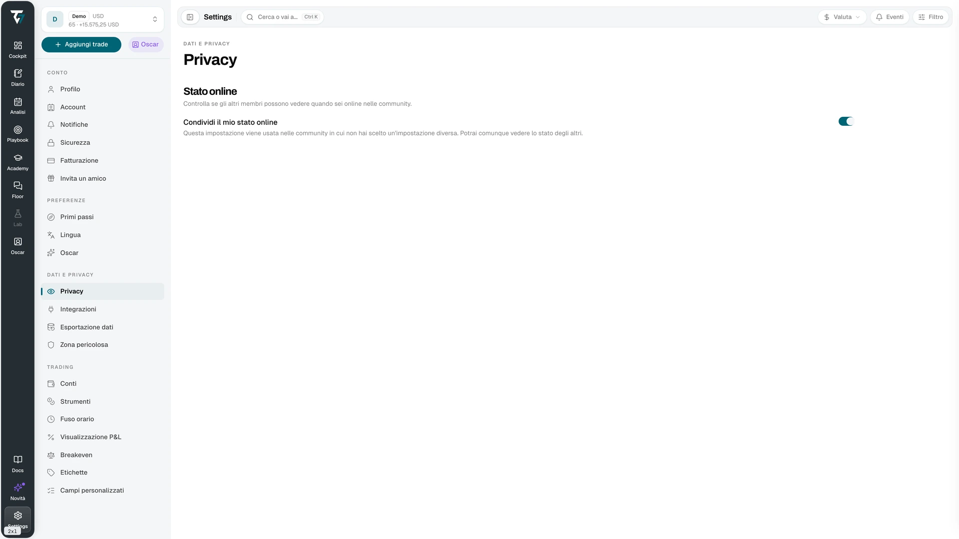 Privacy settings with the share online status toggle