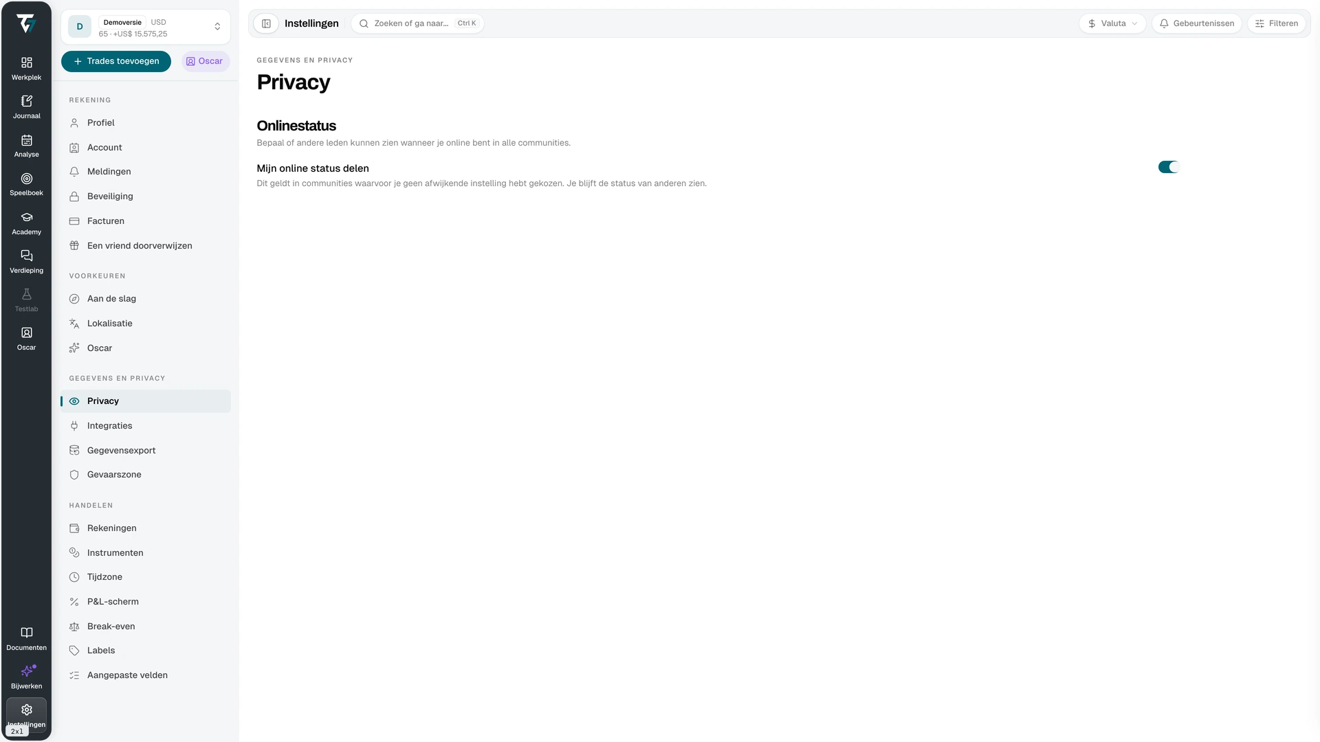 Privacy settings with the share online status toggle