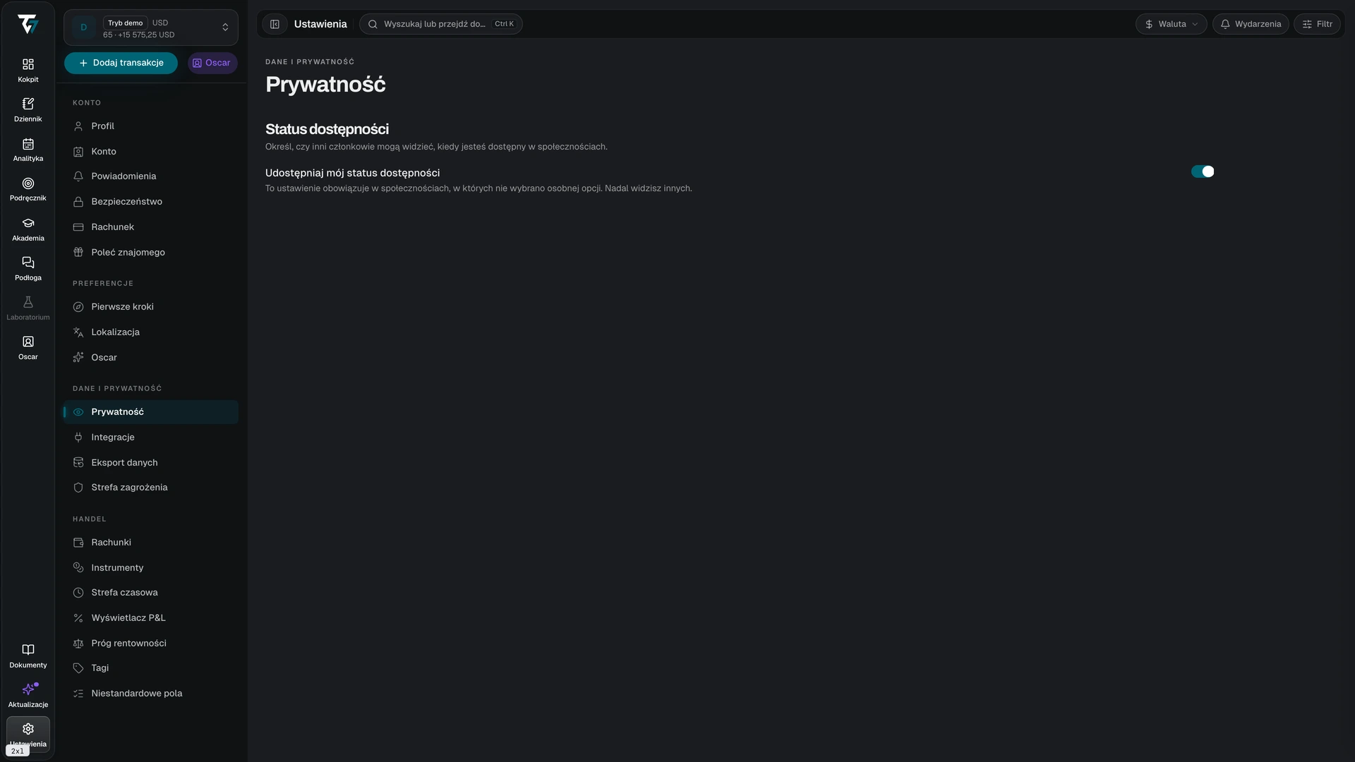 Privacy settings with the share online status toggle