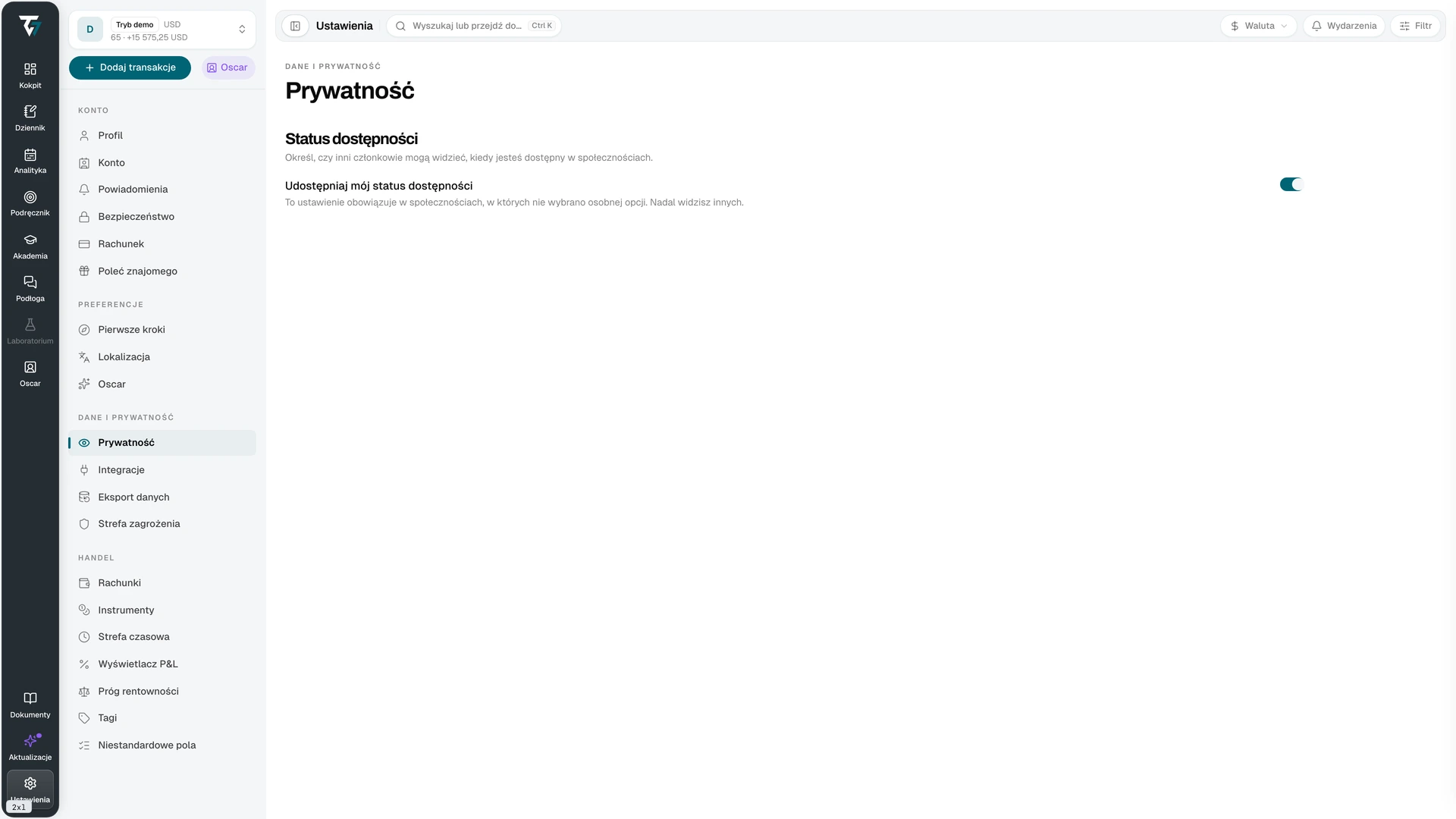 Privacy settings with the share online status toggle