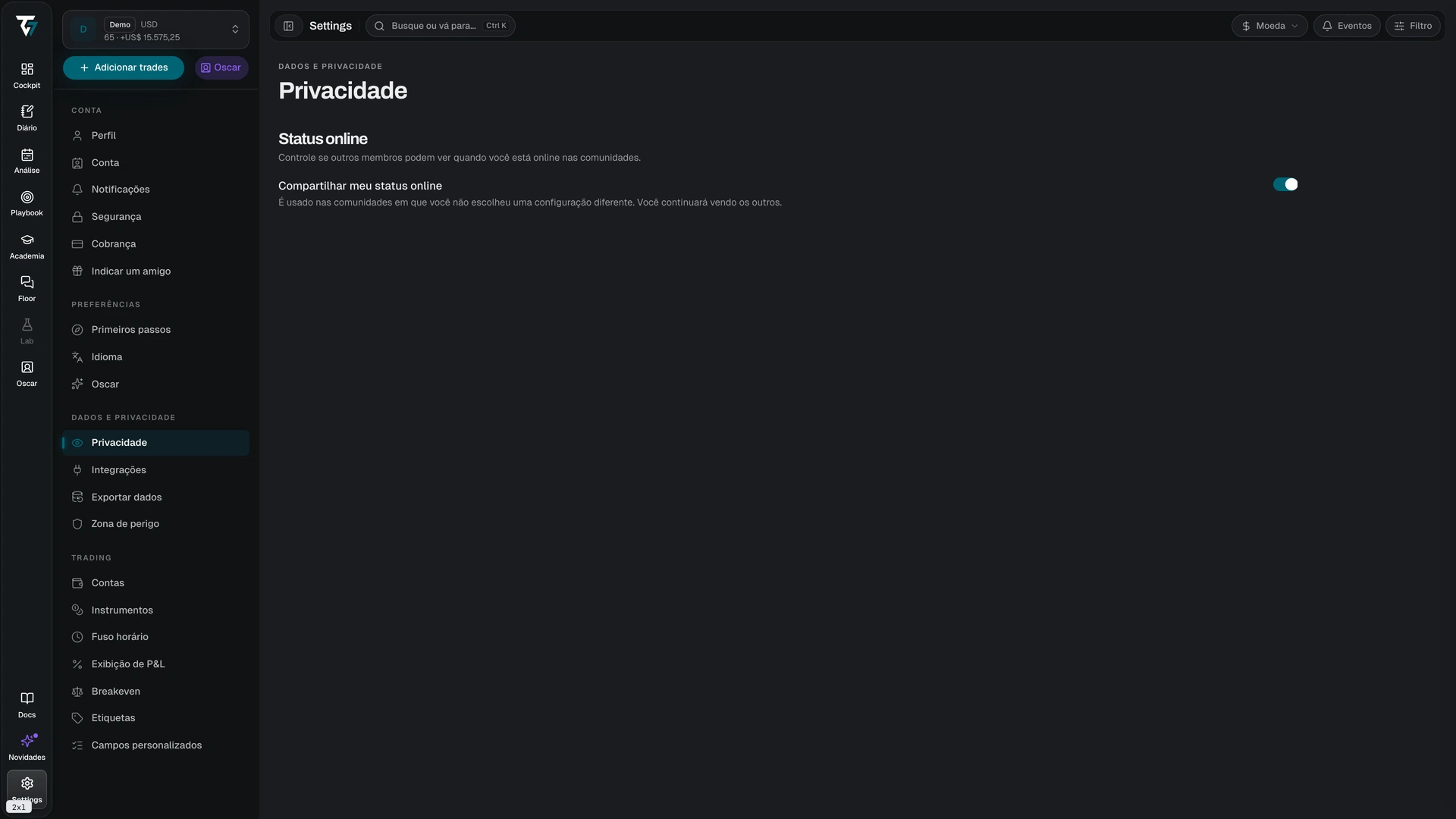 Privacy settings with the share online status toggle
