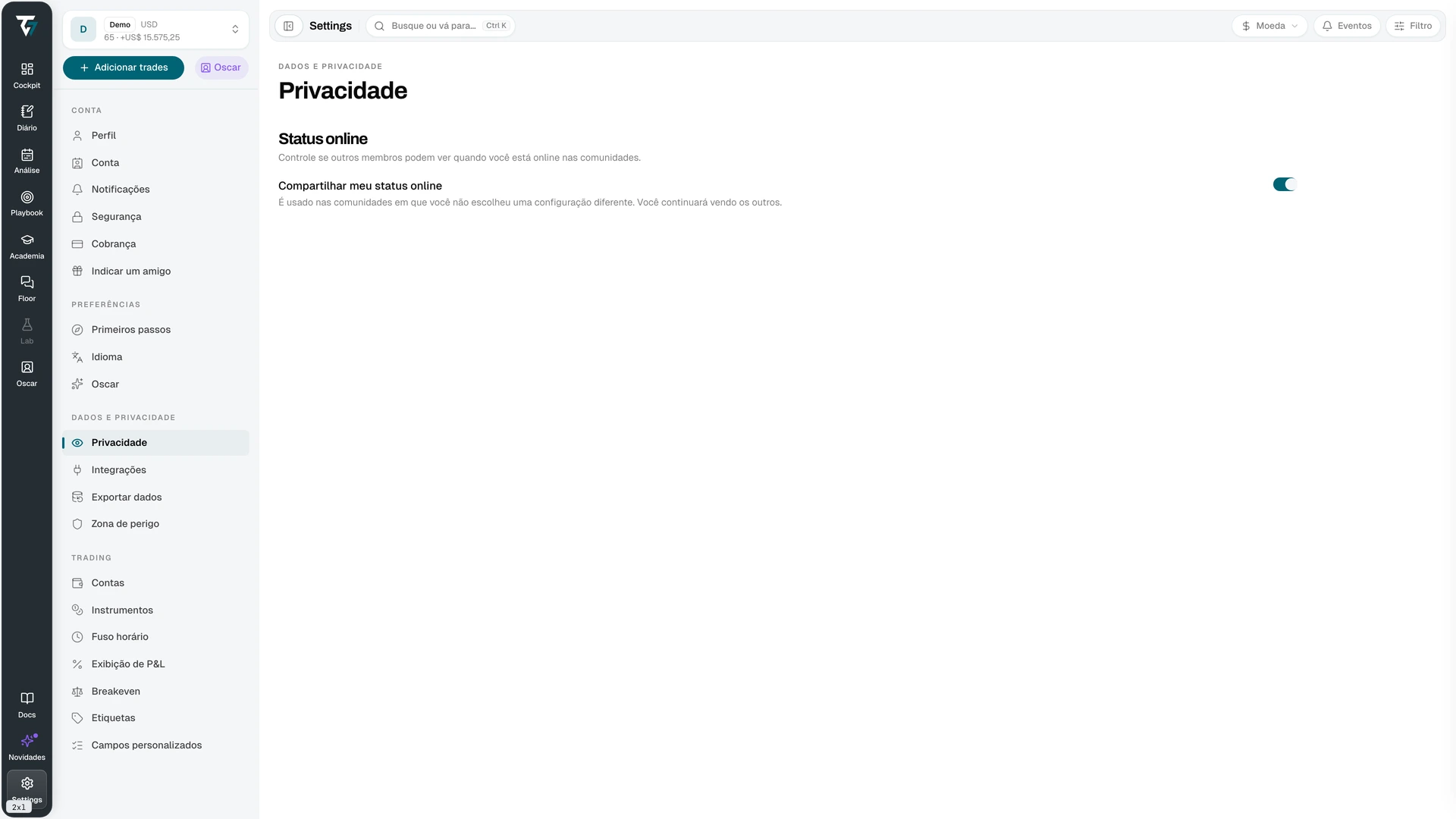 Privacy settings with the share online status toggle