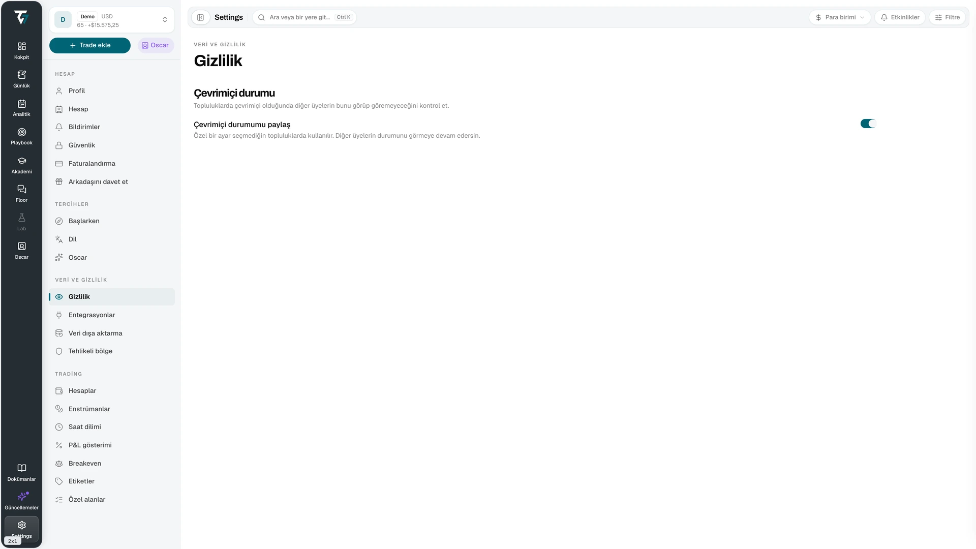 Privacy settings with the share online status toggle