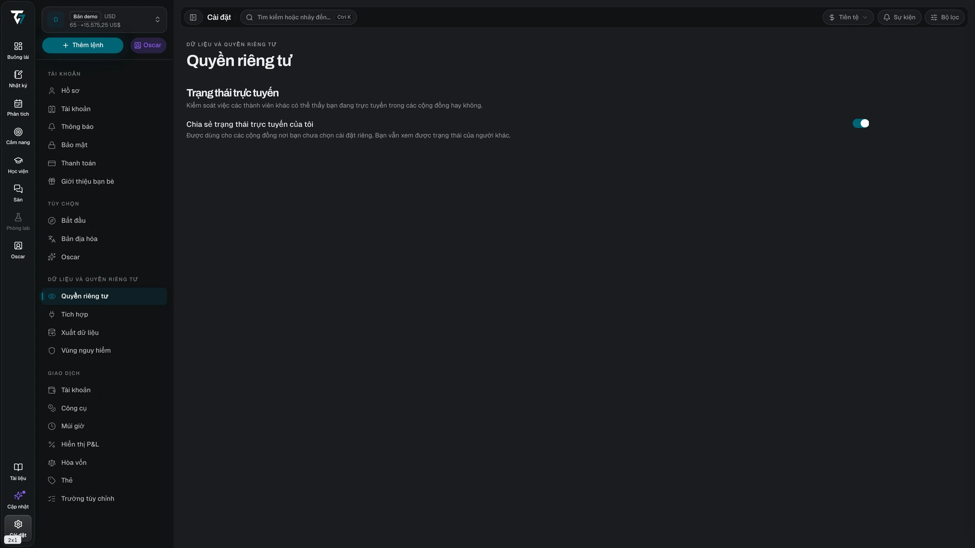 Privacy settings with the share online status toggle