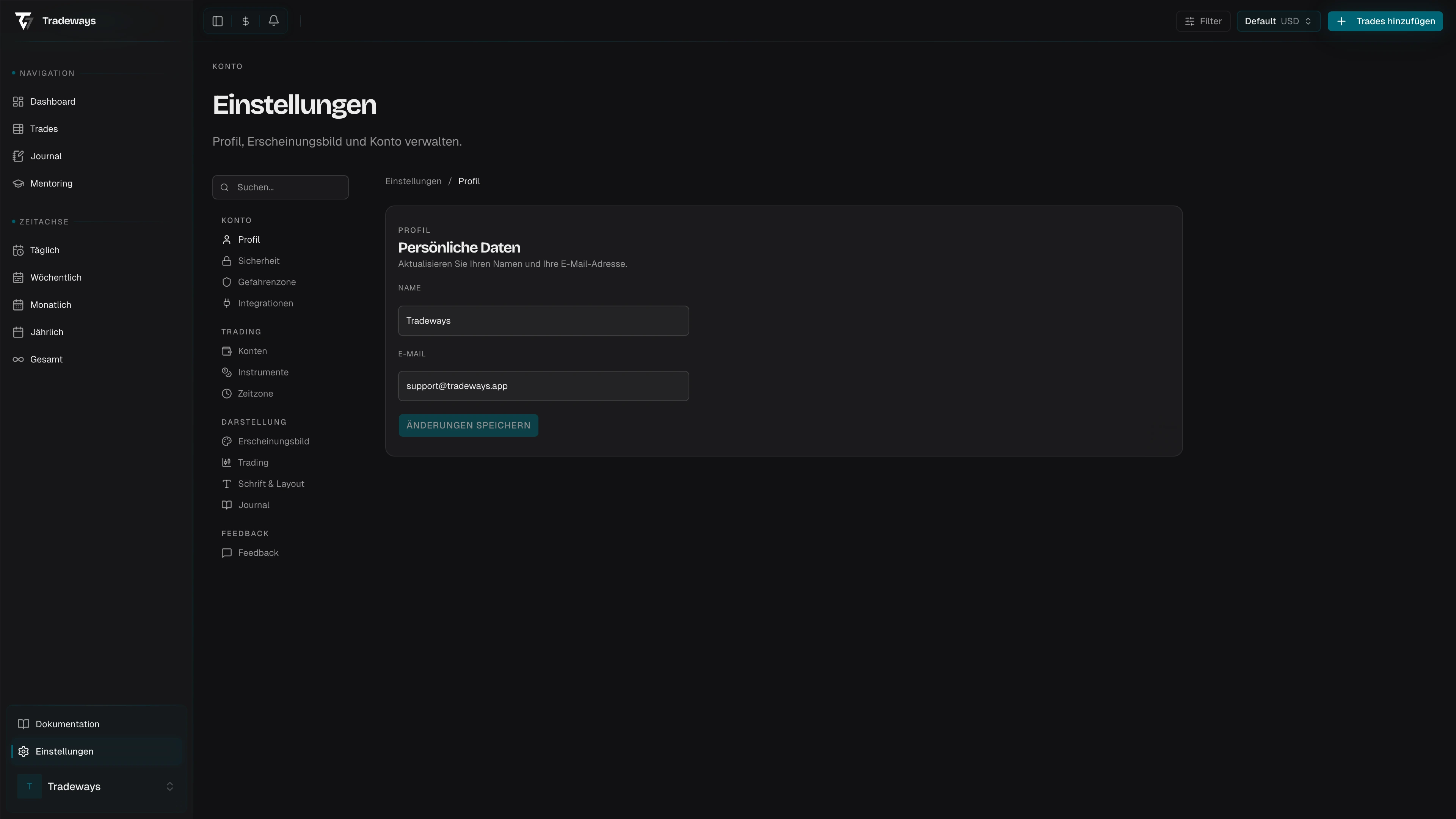 Profil-Einstellungen mit Name- und E-Mail-Feldern