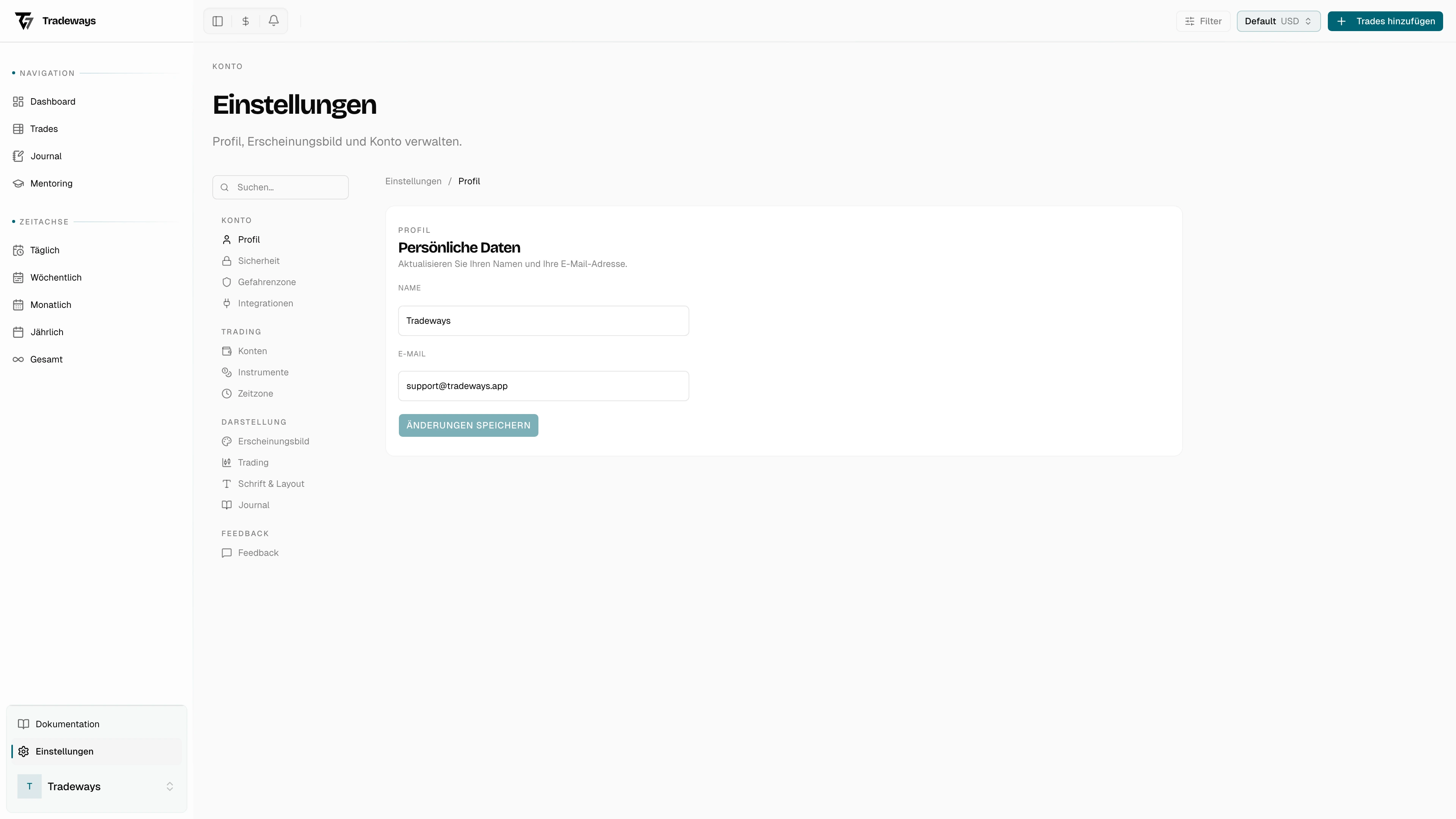 Profil-Einstellungen mit Name- und E-Mail-Feldern