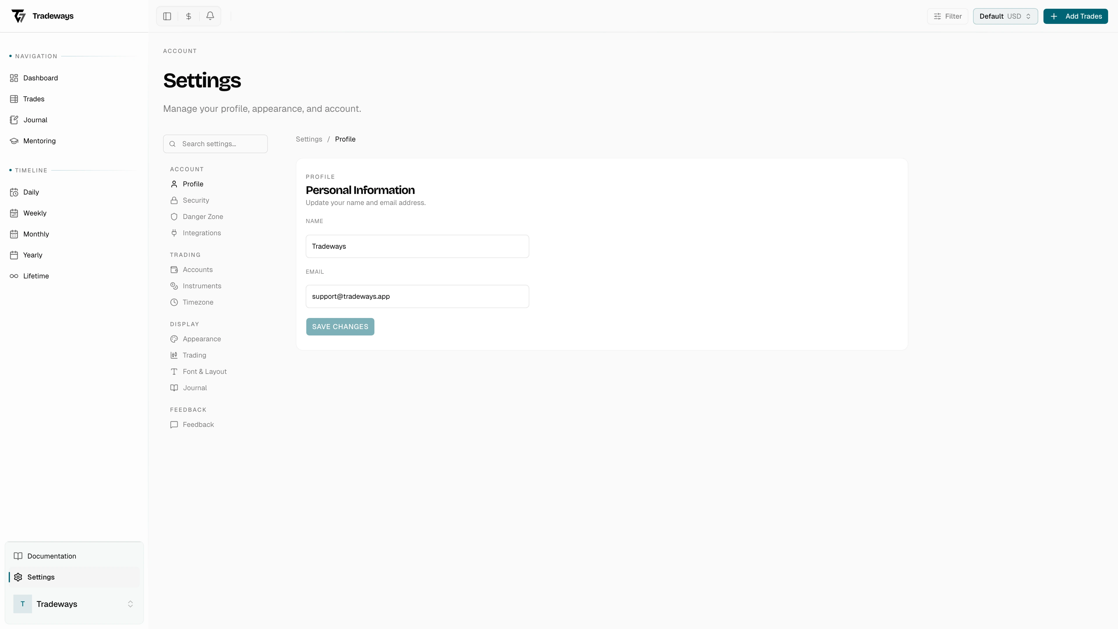 Profile settings with name and email fields