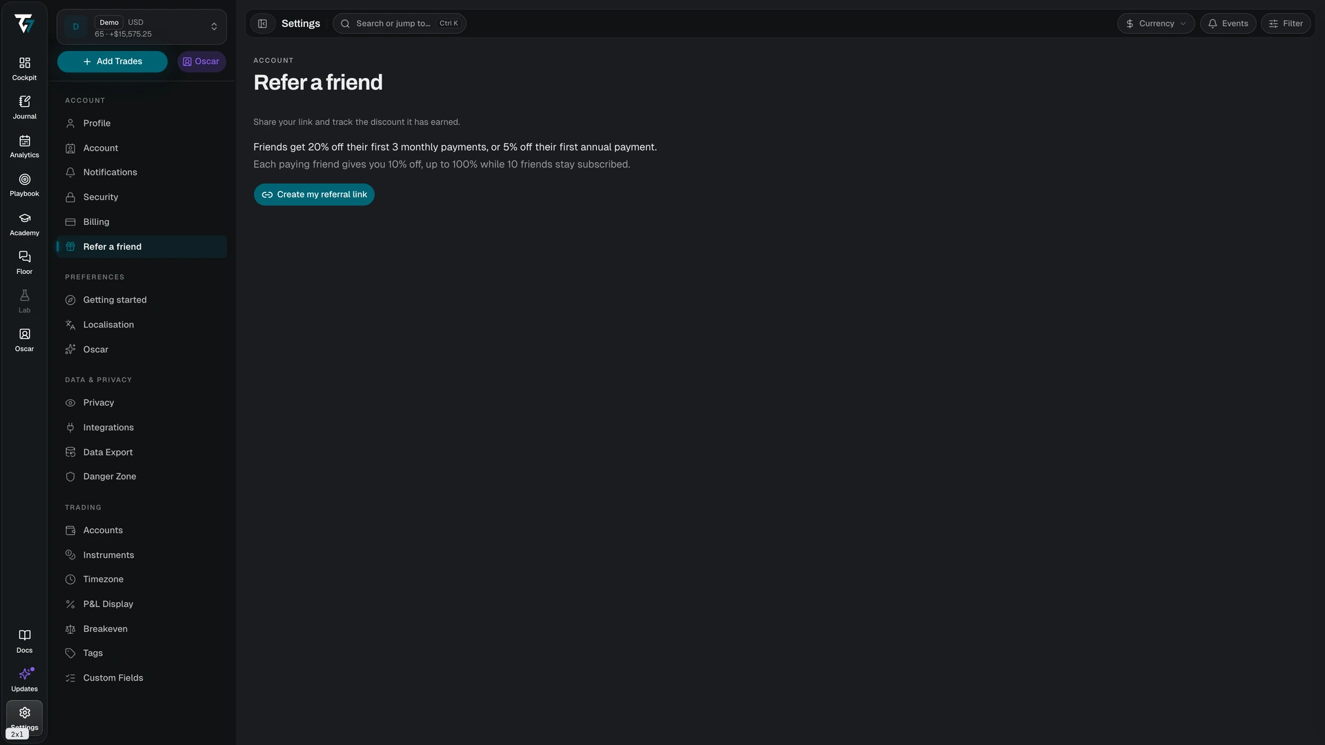 Referral page with the referral link, statistics, and the referred friends table