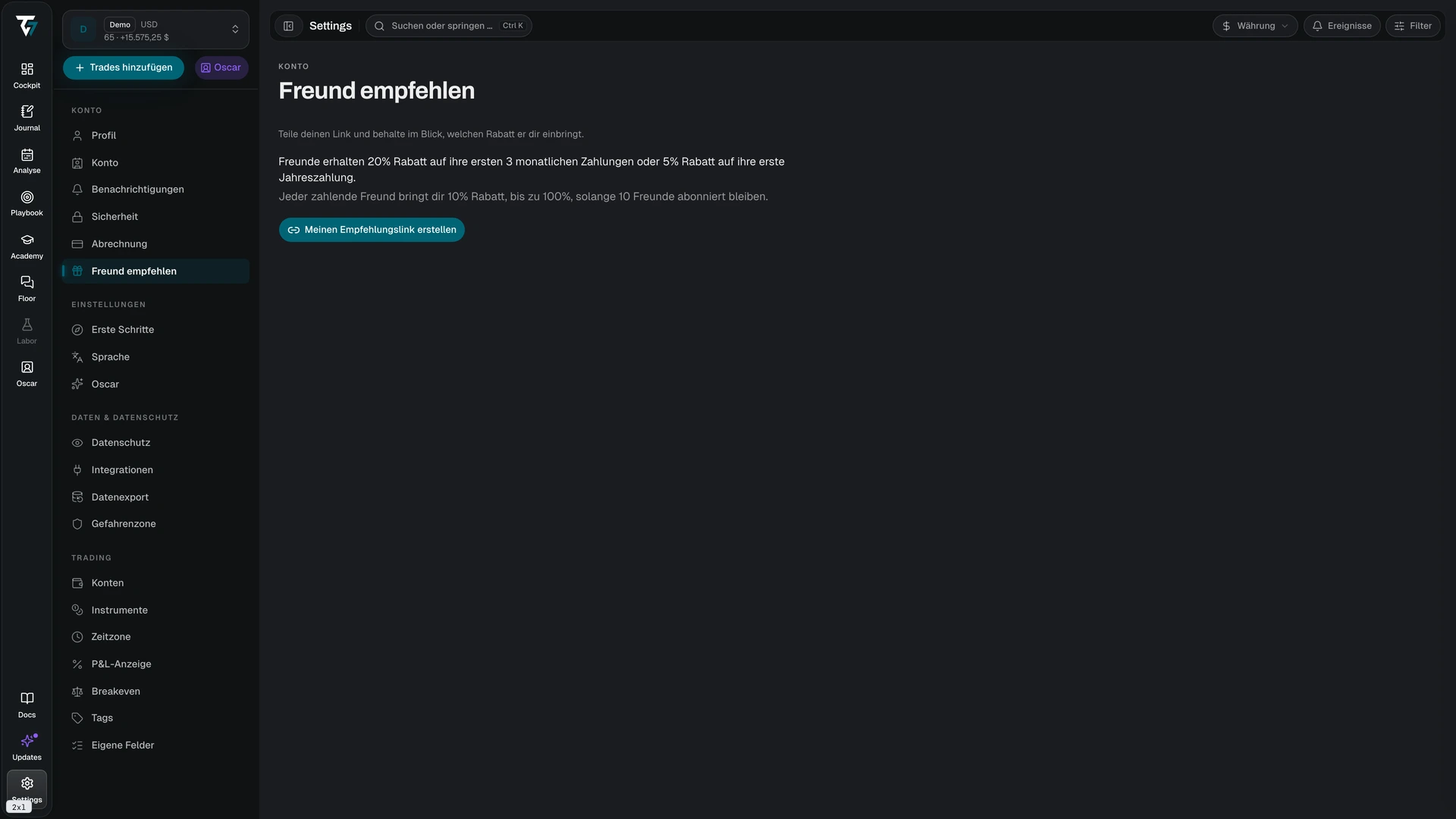 Referral page with the referral link, statistics, and the referred friends table