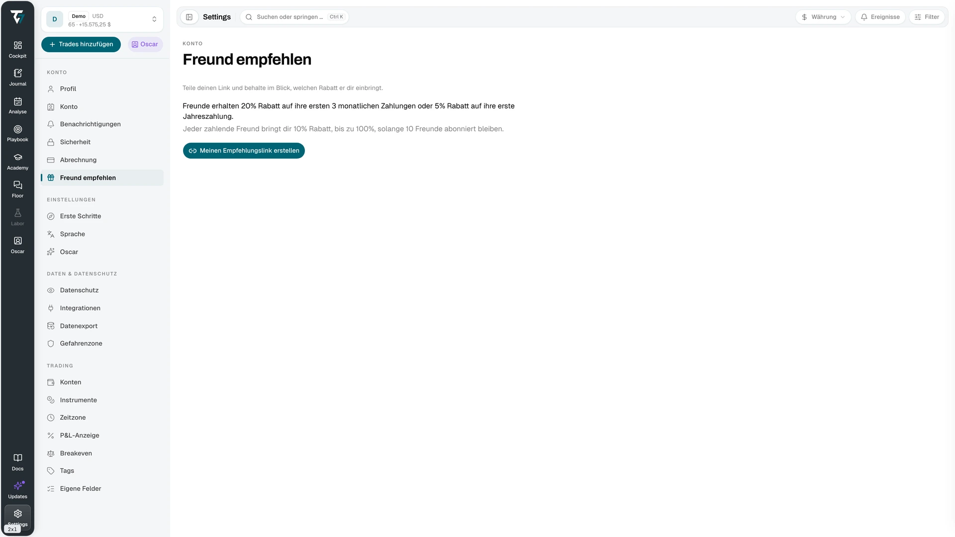 Referral page with the referral link, statistics, and the referred friends table