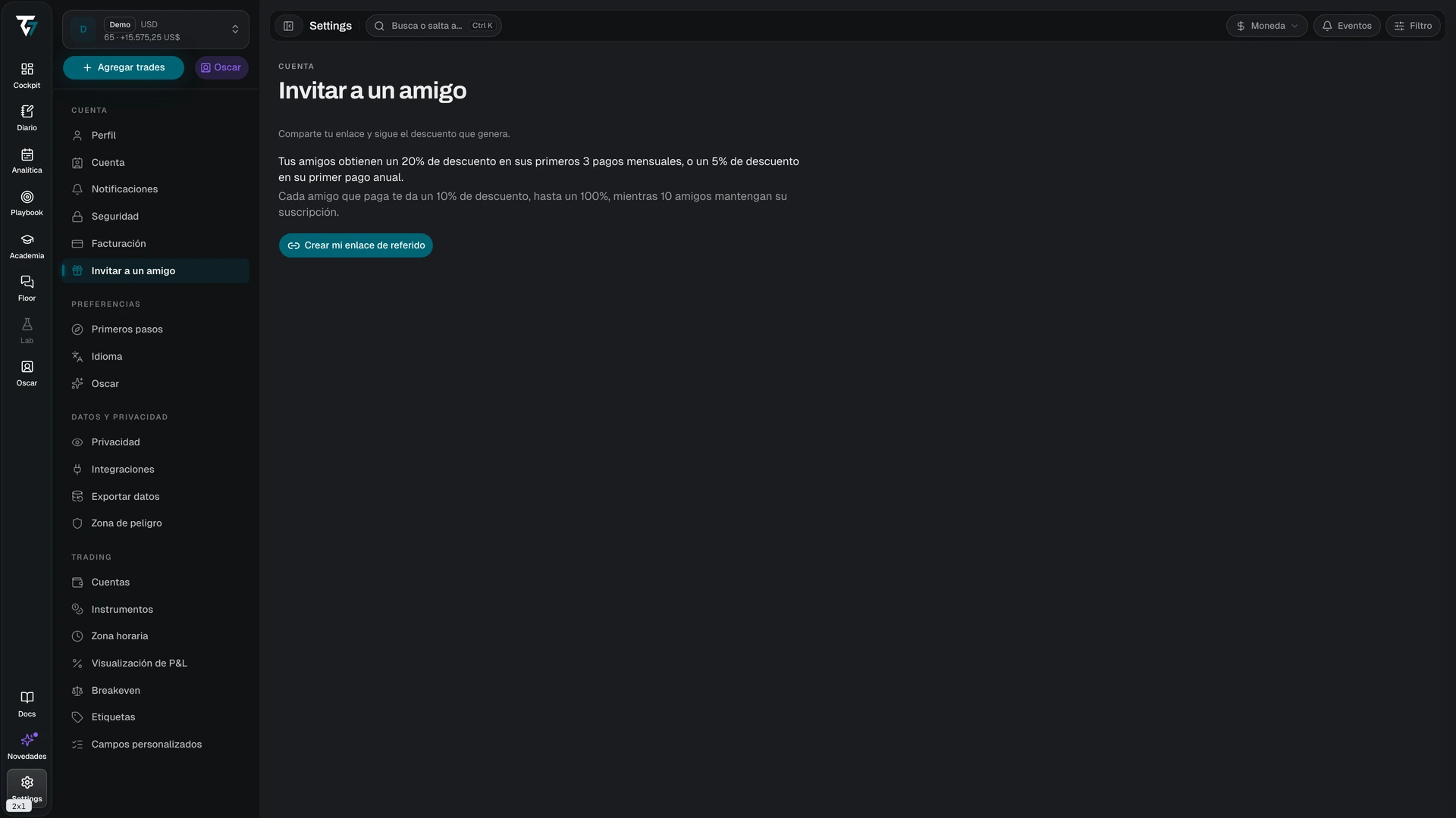 Referral page with the referral link, statistics, and the referred friends table