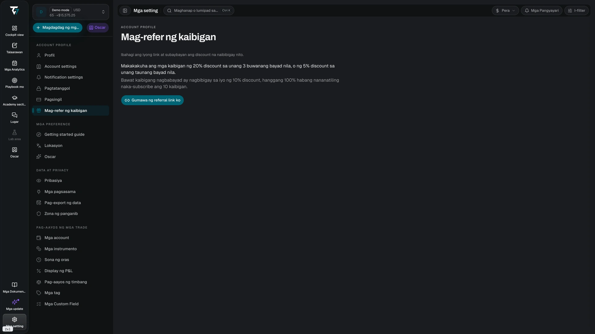 Referral page with the referral link, statistics, and the referred friends table