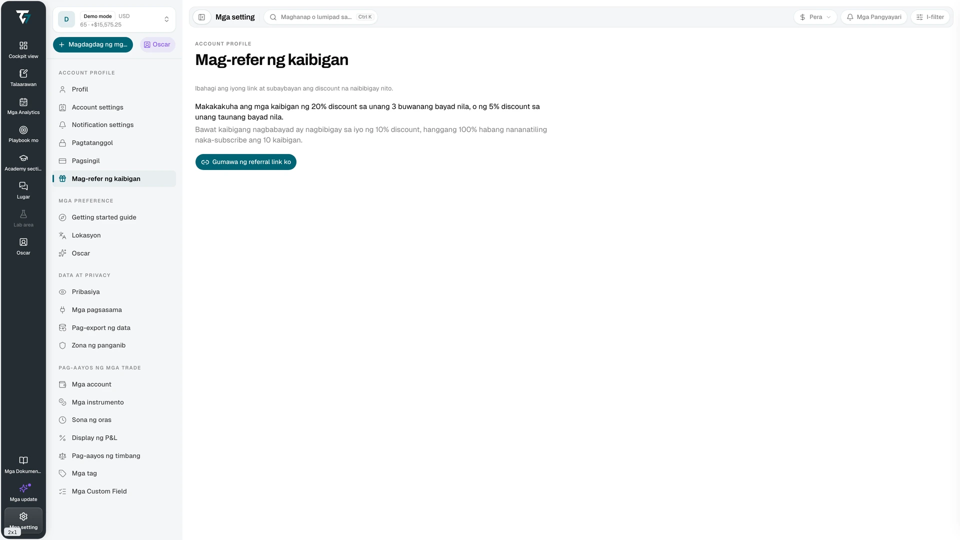 Referral page with the referral link, statistics, and the referred friends table
