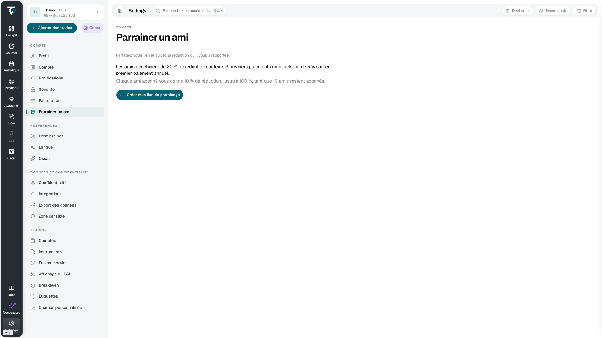 Referral page with the referral link, statistics, and the referred friends table