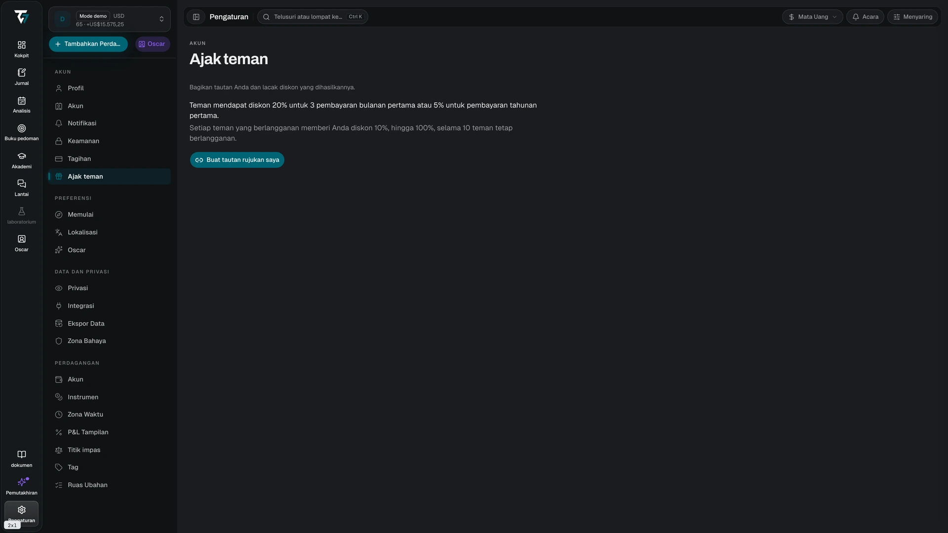 Referral page with the referral link, statistics, and the referred friends table