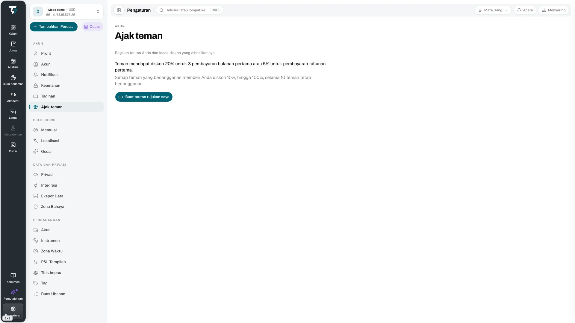 Referral page with the referral link, statistics, and the referred friends table