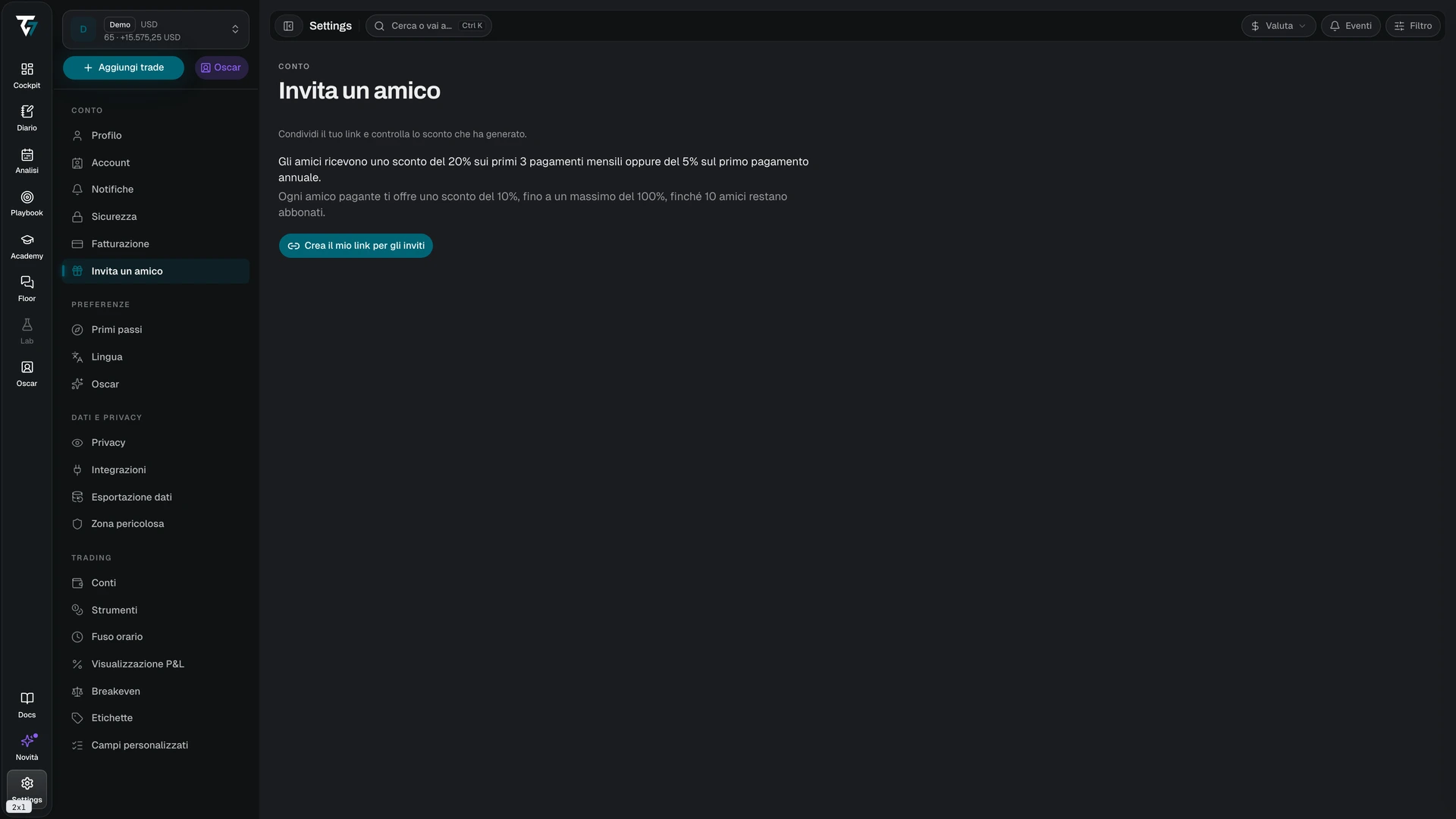 Referral page with the referral link, statistics, and the referred friends table