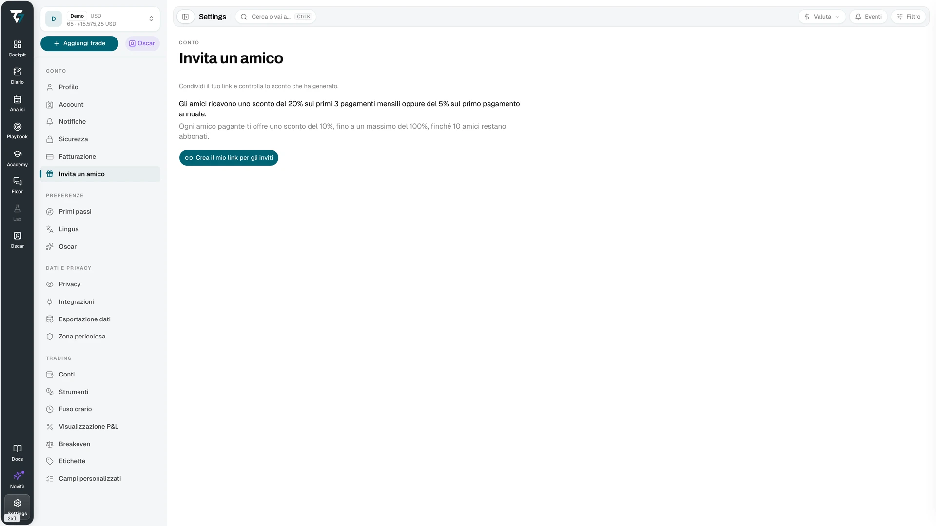 Referral page with the referral link, statistics, and the referred friends table