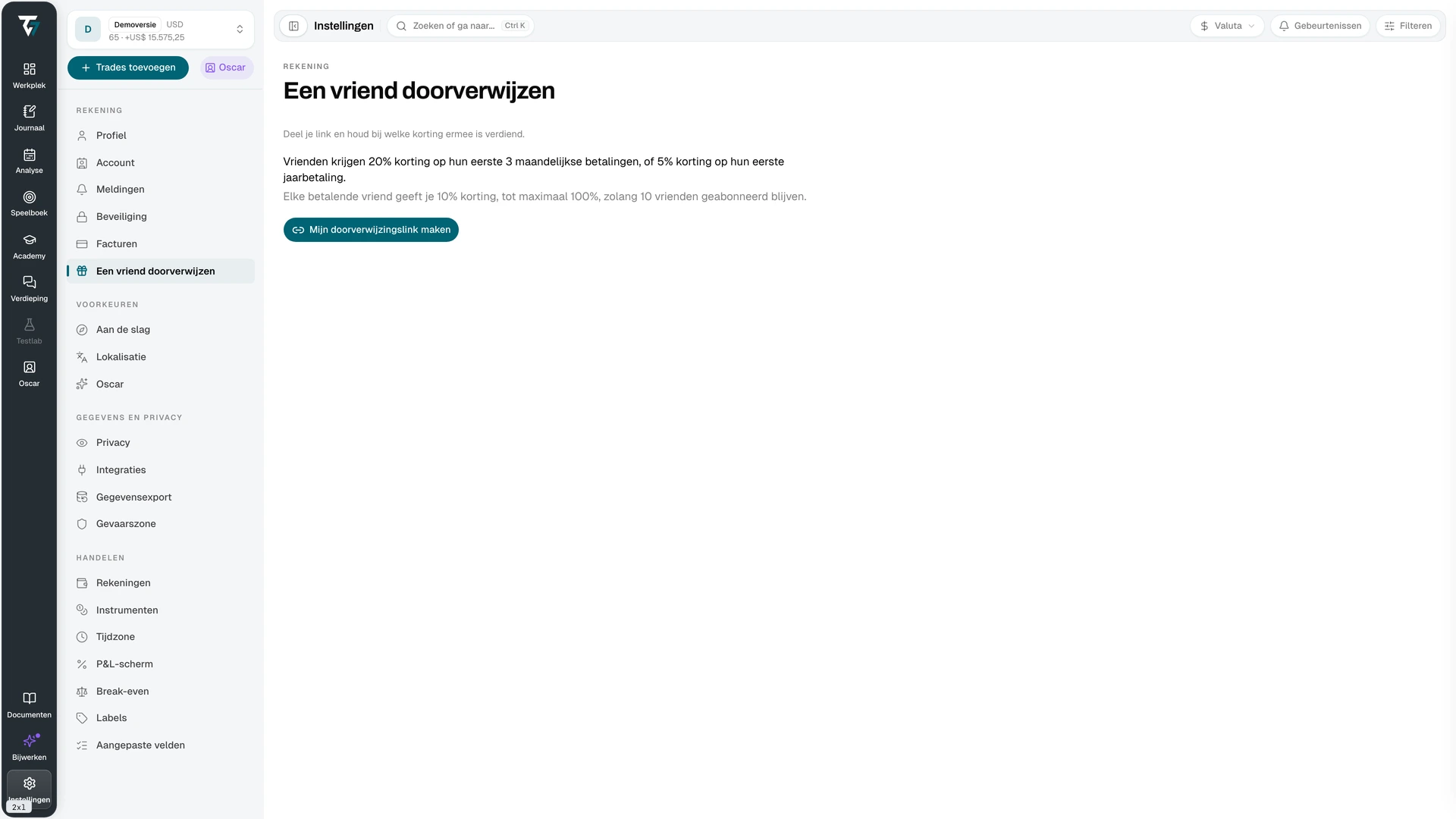 Referral page with the referral link, statistics, and the referred friends table