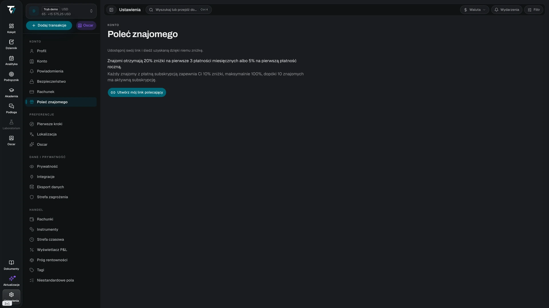 Referral page with the referral link, statistics, and the referred friends table