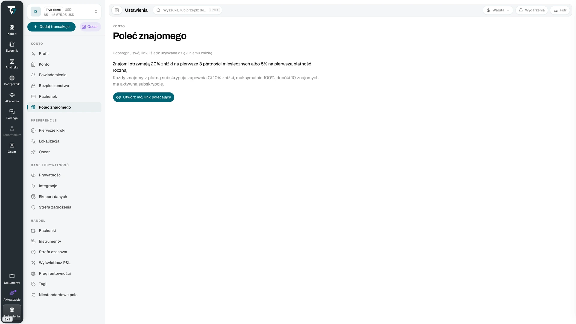 Referral page with the referral link, statistics, and the referred friends table