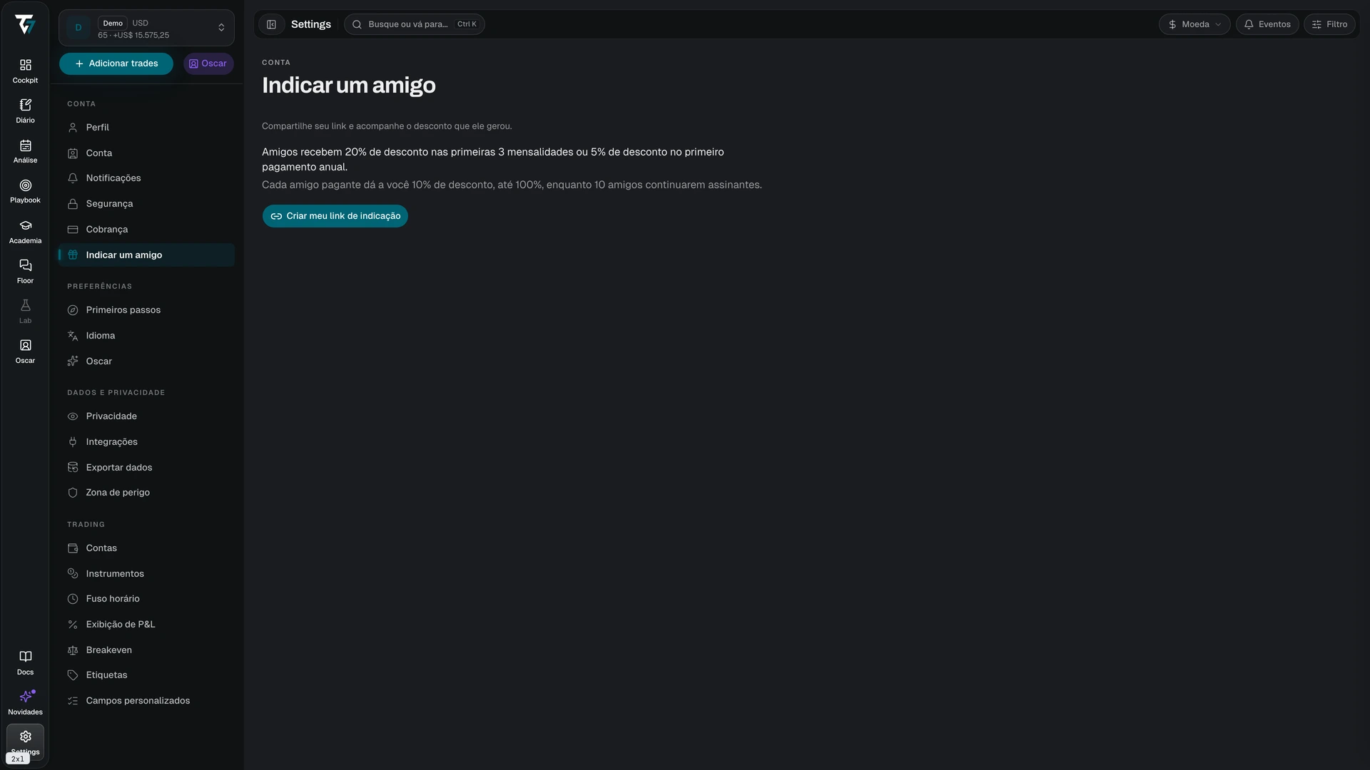 Referral page with the referral link, statistics, and the referred friends table