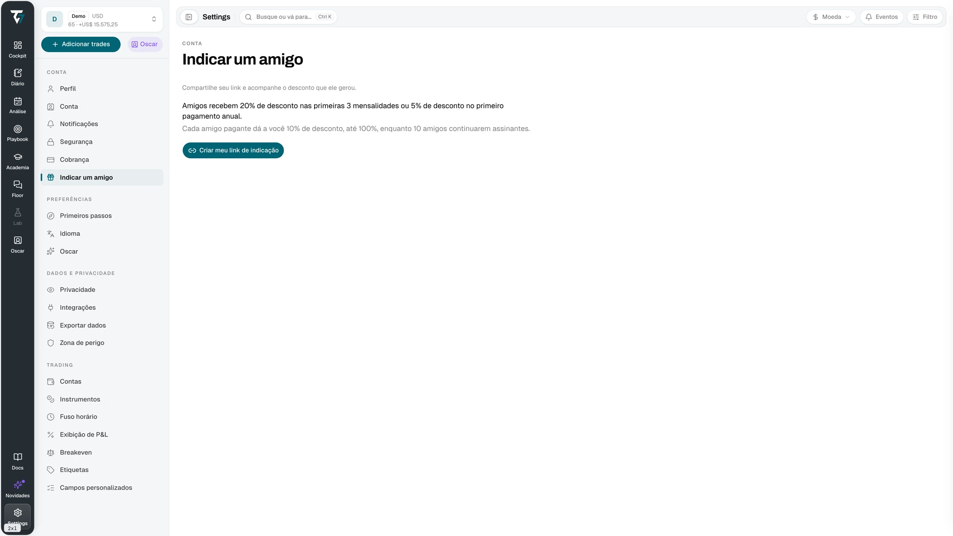 Referral page with the referral link, statistics, and the referred friends table